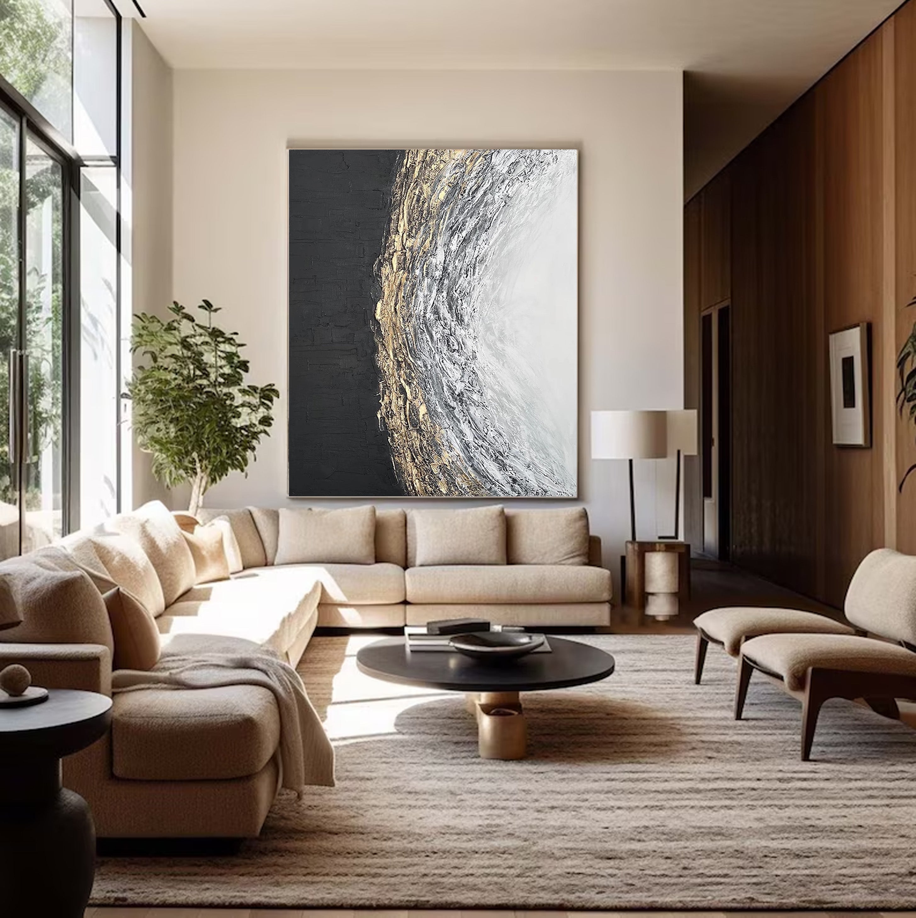 Black White Gold Textured Abstract Oil Painting - Modern Art #JJ 063