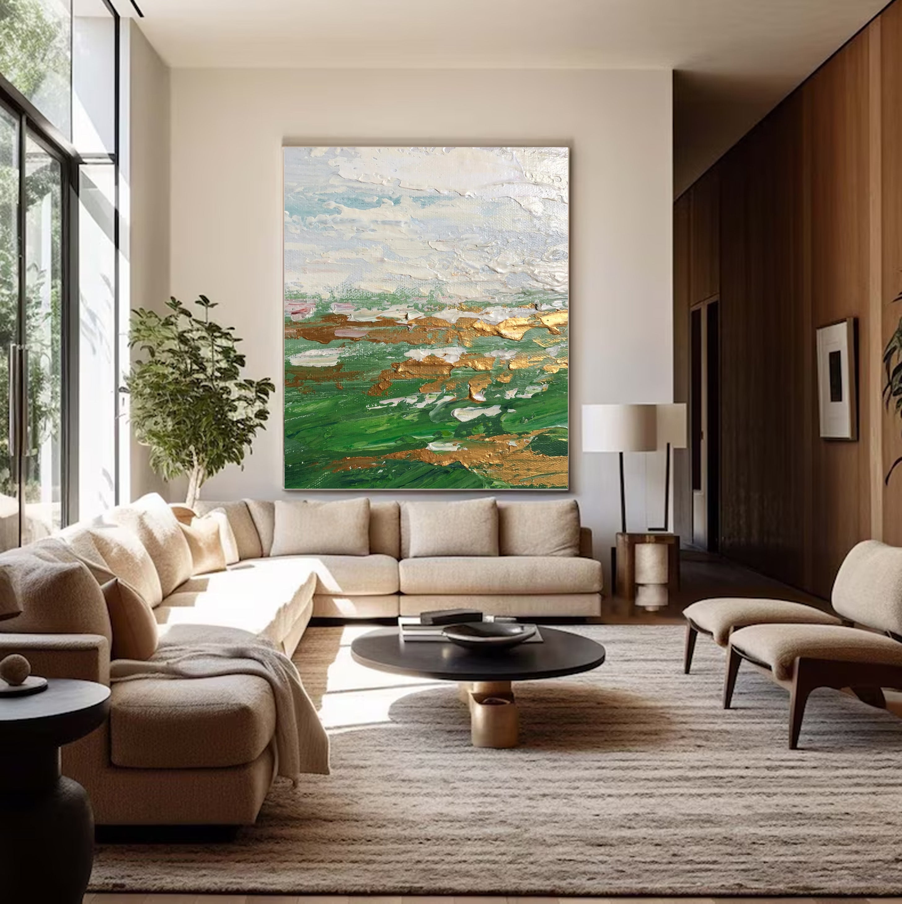 Green Gold and White Abstract Painting | Large Textured Landscape Art #JJ 069