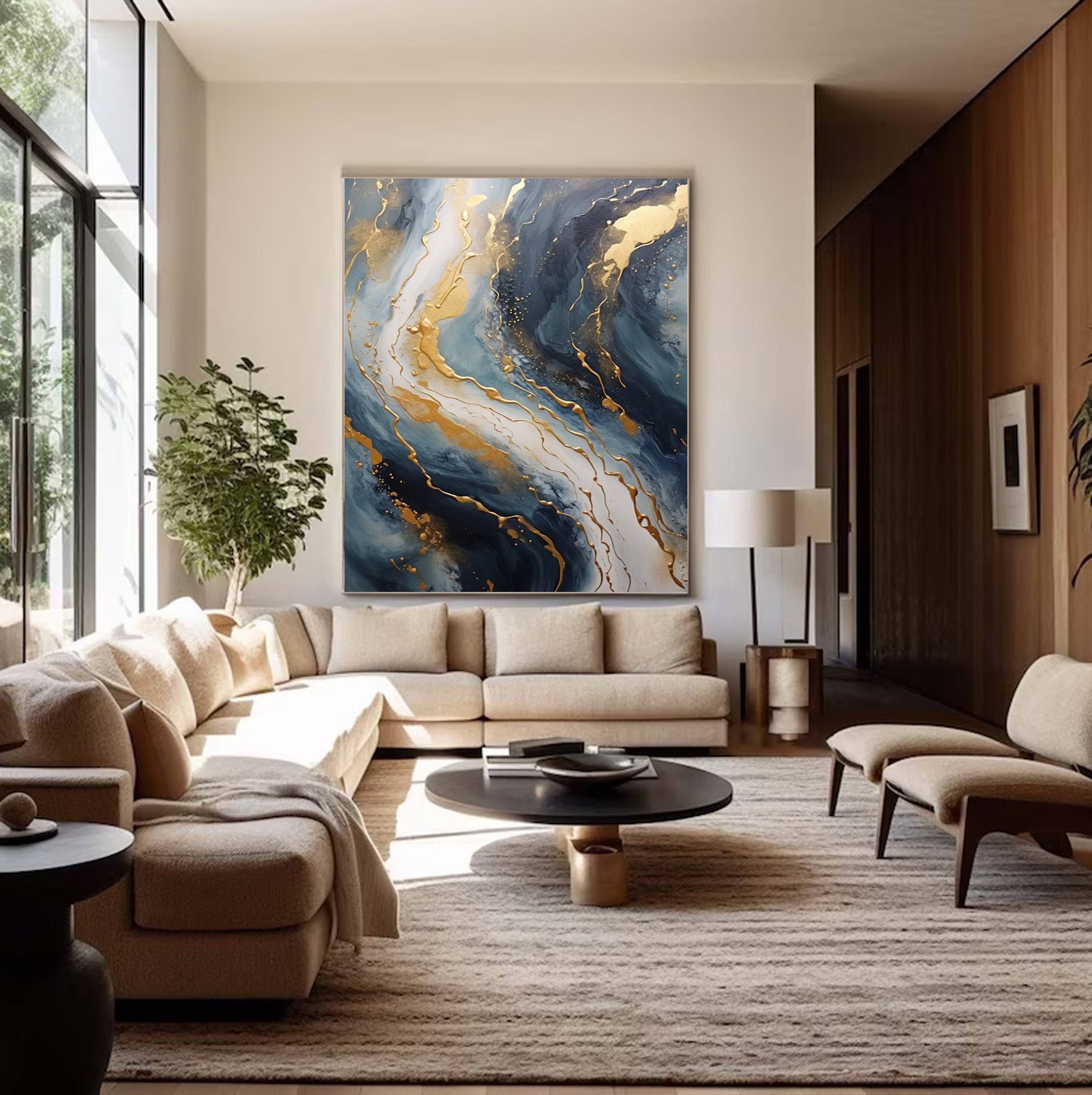 Abstract Gold and Blue Wall Art - Modern Canvas Painting #JJ 058