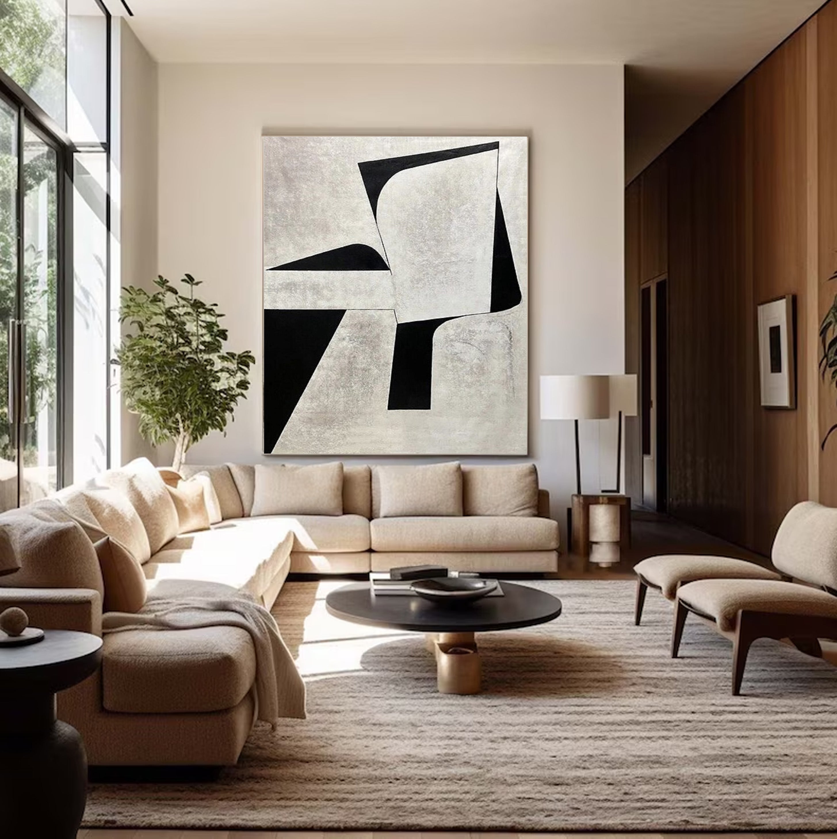 Minimalist Geometric Abstract Art - Black and White Block Oil Painting #JJ 060