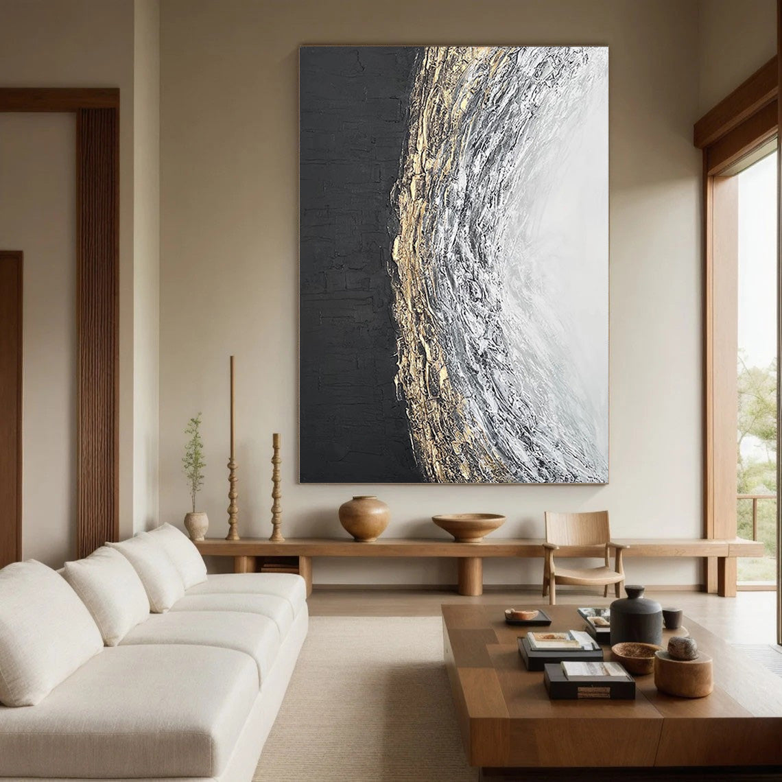 Black White Gold Textured Abstract Oil Painting - Modern Art #JJ 063