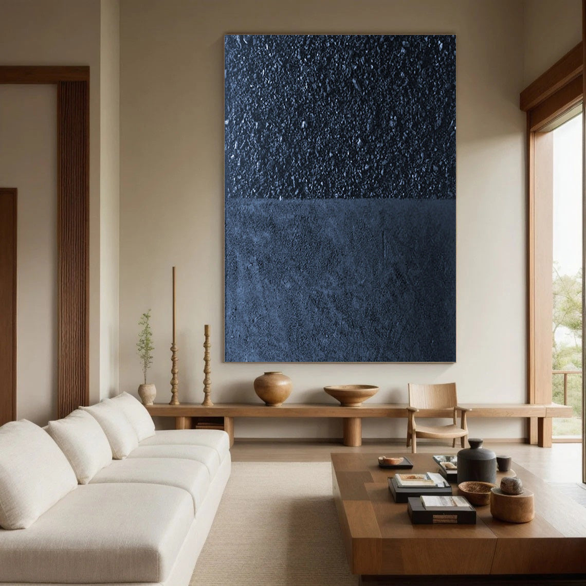 Deep Blue Textured Abstract Oil Painting - Modern Minimalist Art #JJ 062