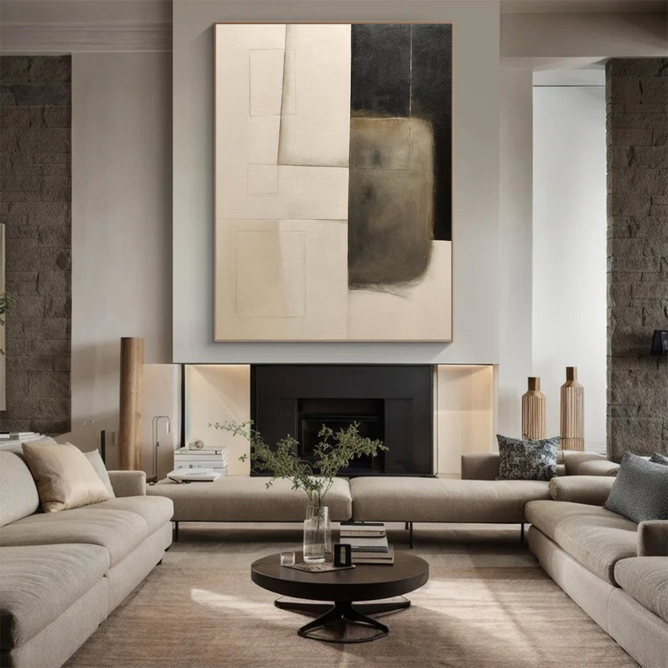 Minimalist Abstract Oil Painting - Beige Black Geometric Canvas Art #JJ 001