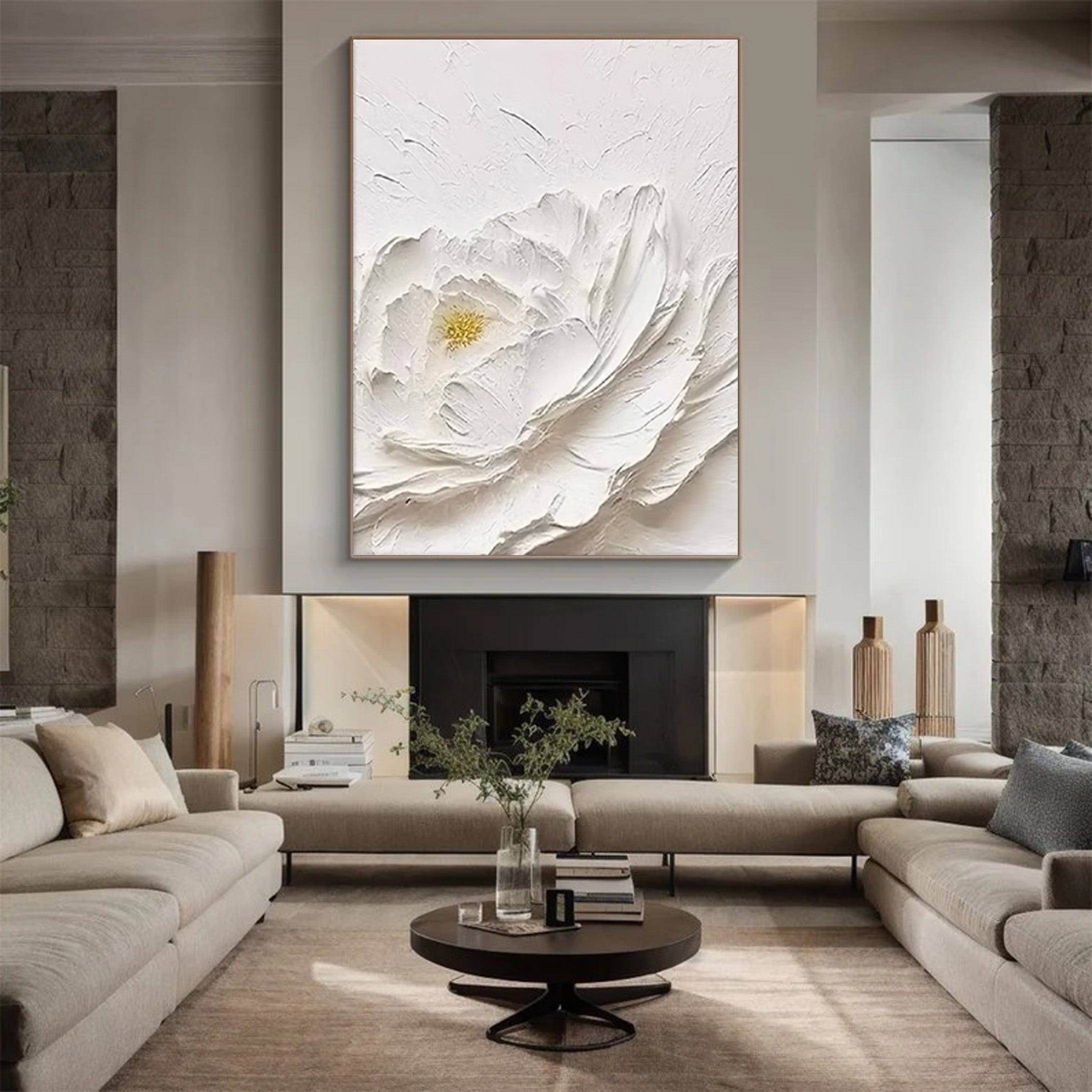 White Textured Floral Abstract Oil Painting - Modern Minimalist Art #JJ 061