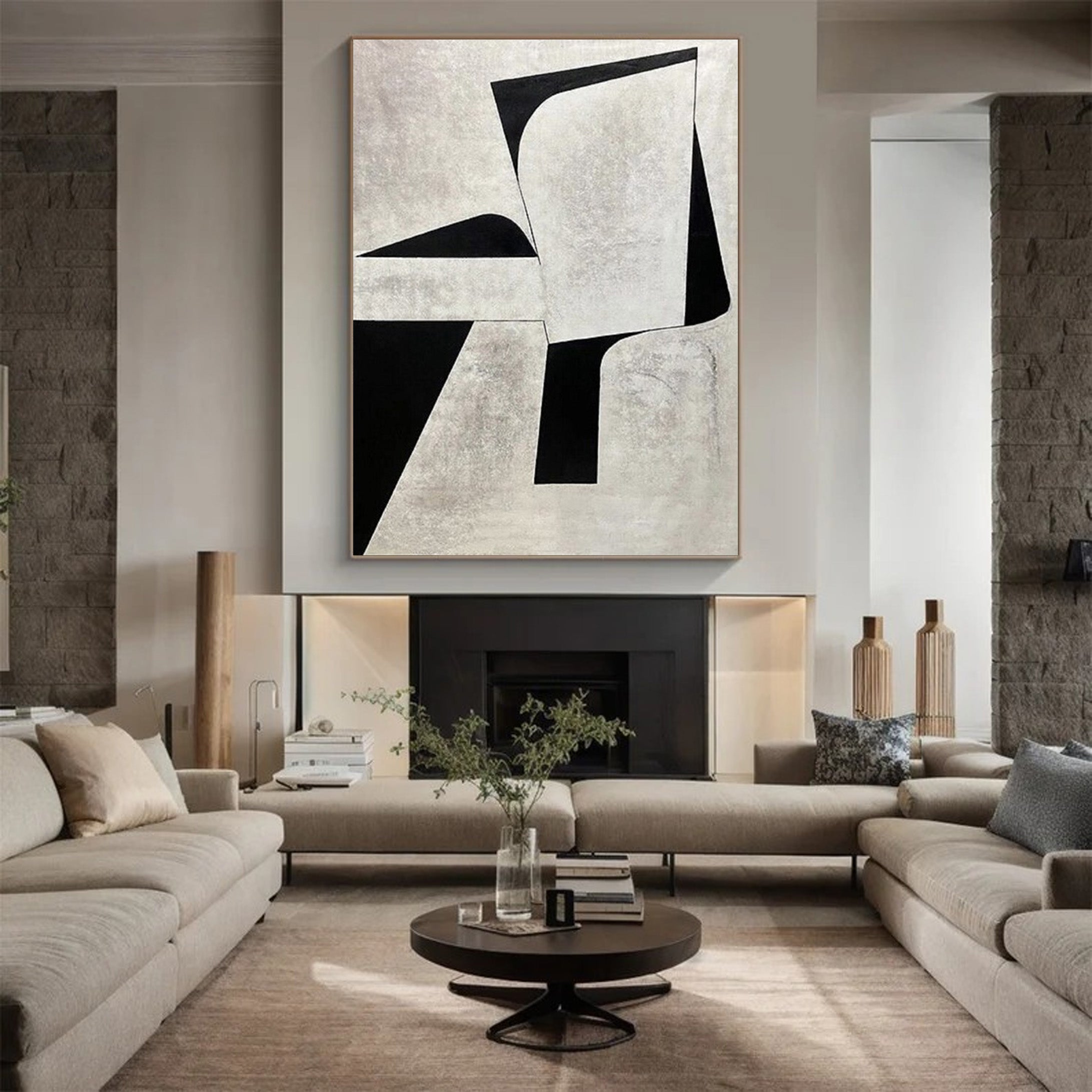 Minimalist Geometric Abstract Art - Black and White Block Oil Painting #JJ 060