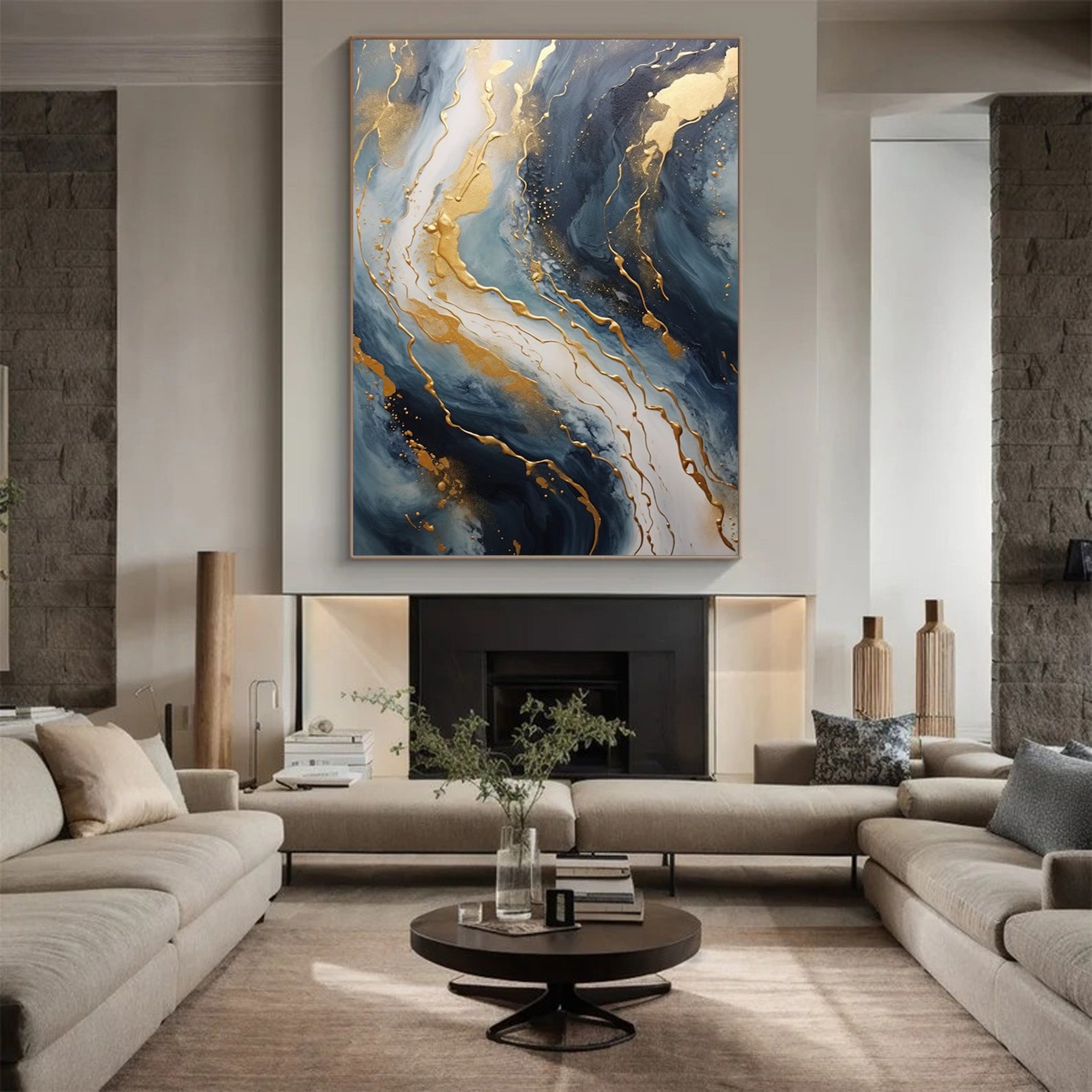 Abstract Gold and Blue Wall Art - Modern Canvas Painting #JJ 058