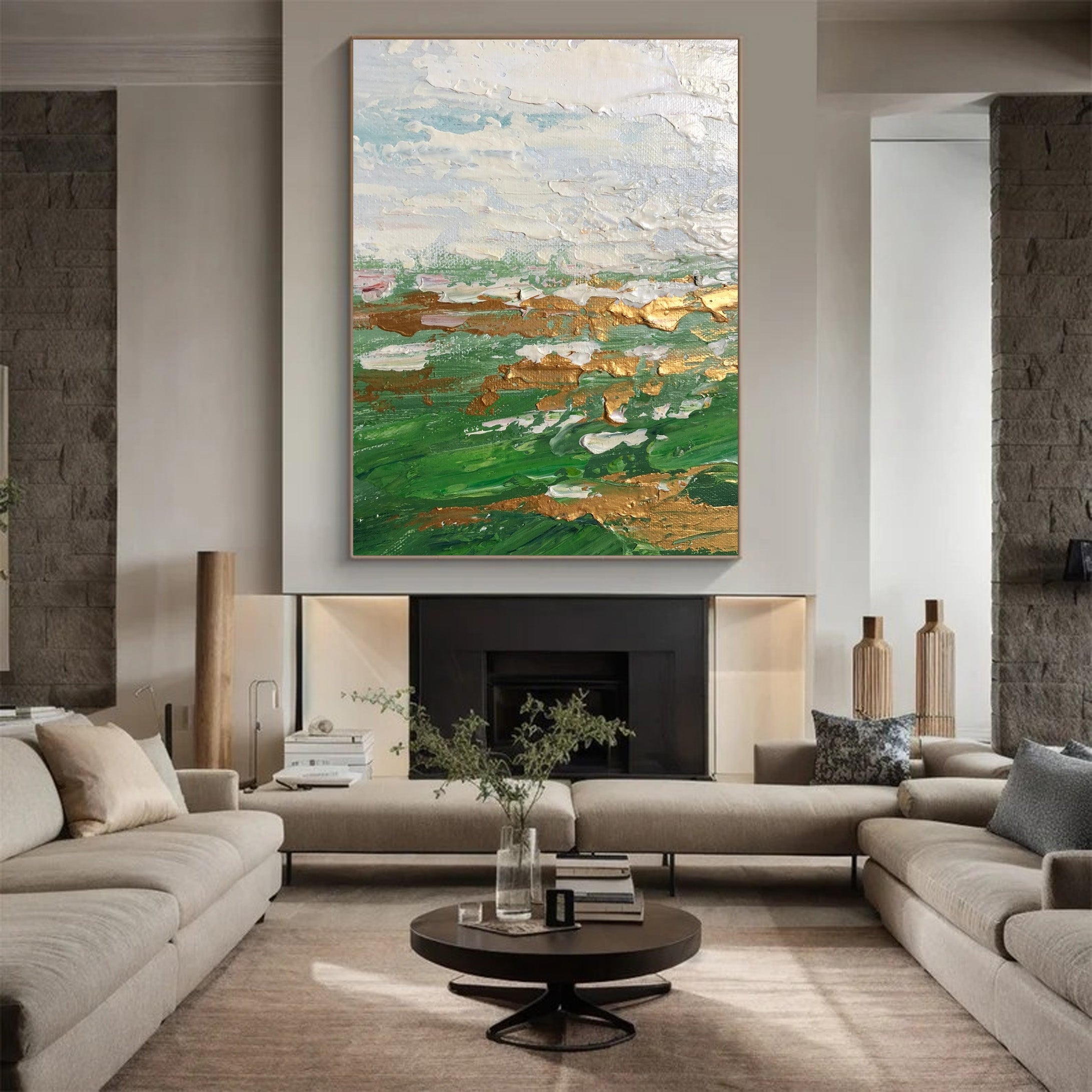 Green Gold and White Abstract Painting | Large Textured Landscape Art #JJ 069