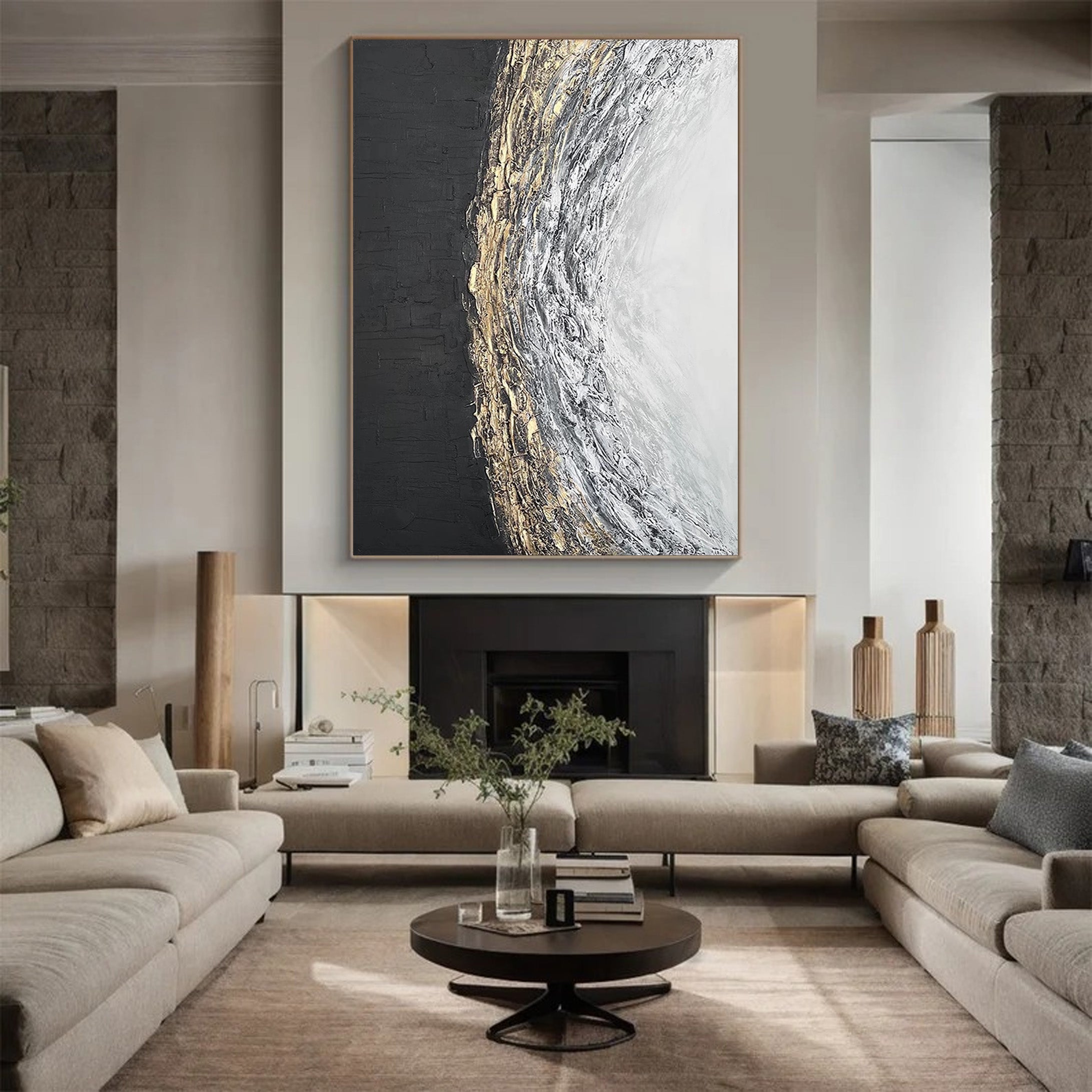 Black White Gold Textured Abstract Oil Painting - Modern Art #JJ 063
