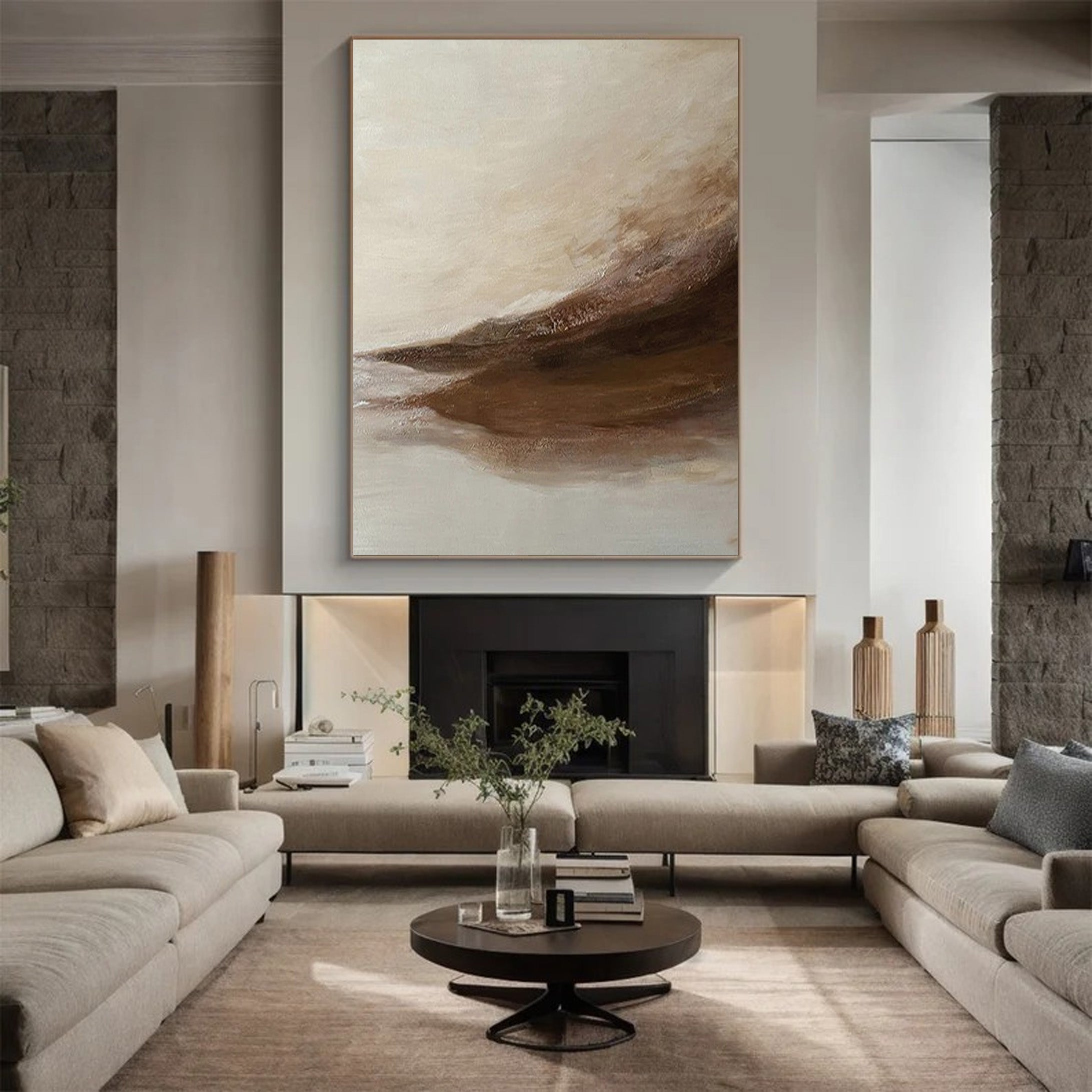 Abstract Landscape Painting | Neutral Beige & Brown Canvas Art #JJ 067
