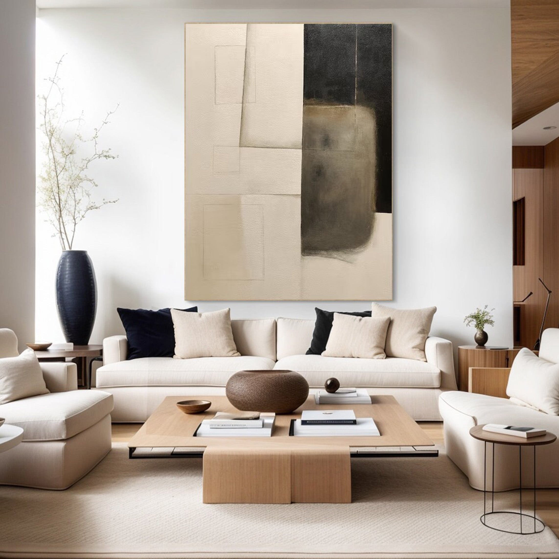 Minimalist Abstract Oil Painting - Beige Black Geometric Canvas Art #JJ 001