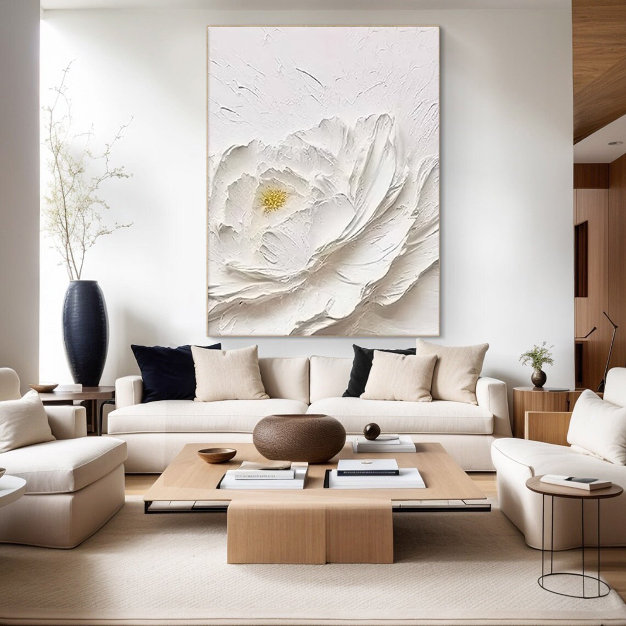 White Textured Floral Abstract Oil Painting - Modern Minimalist Art #JJ 061
