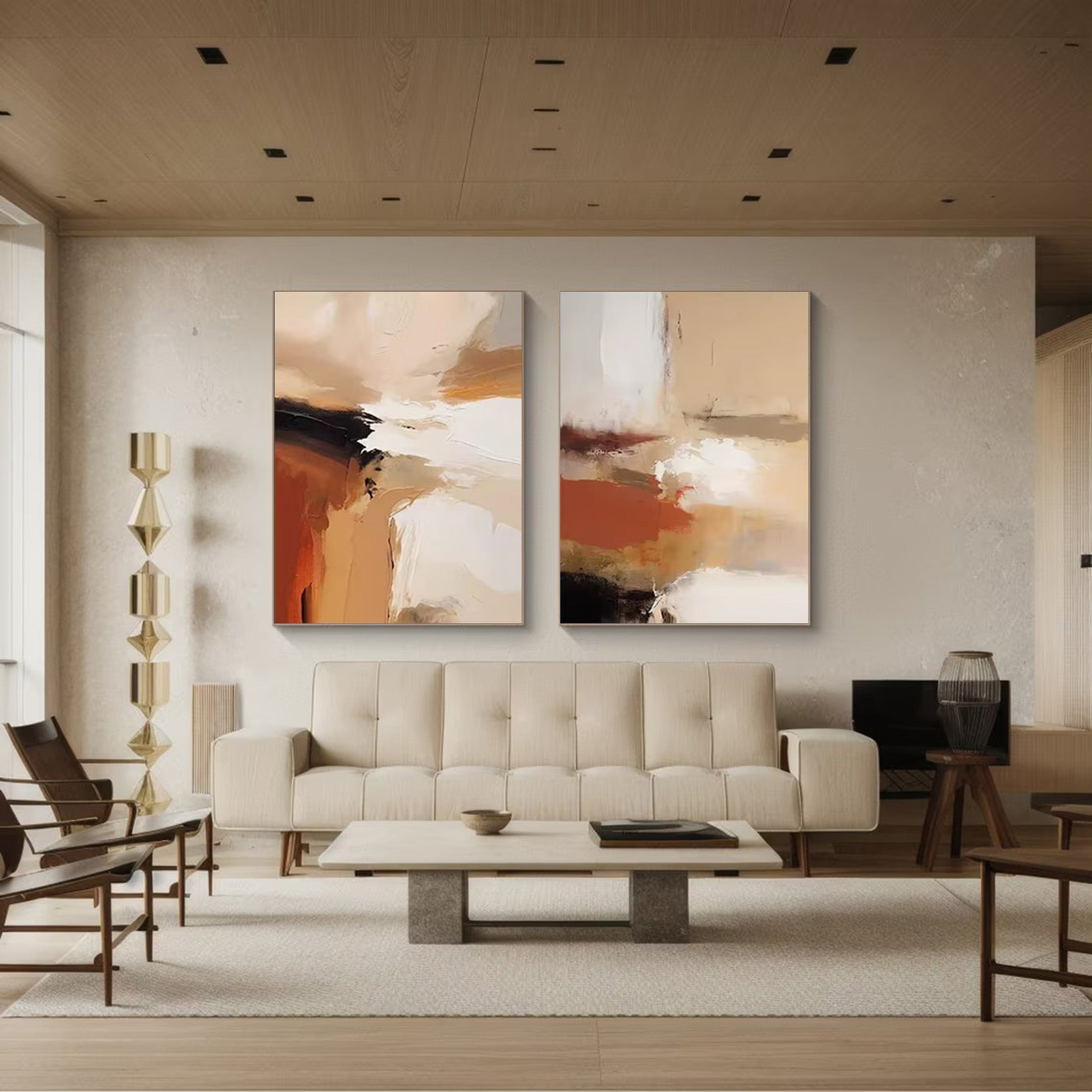 Warm Tone Abstract Paintings - Set of 2 | Modern Contemporary Art #JJ 070