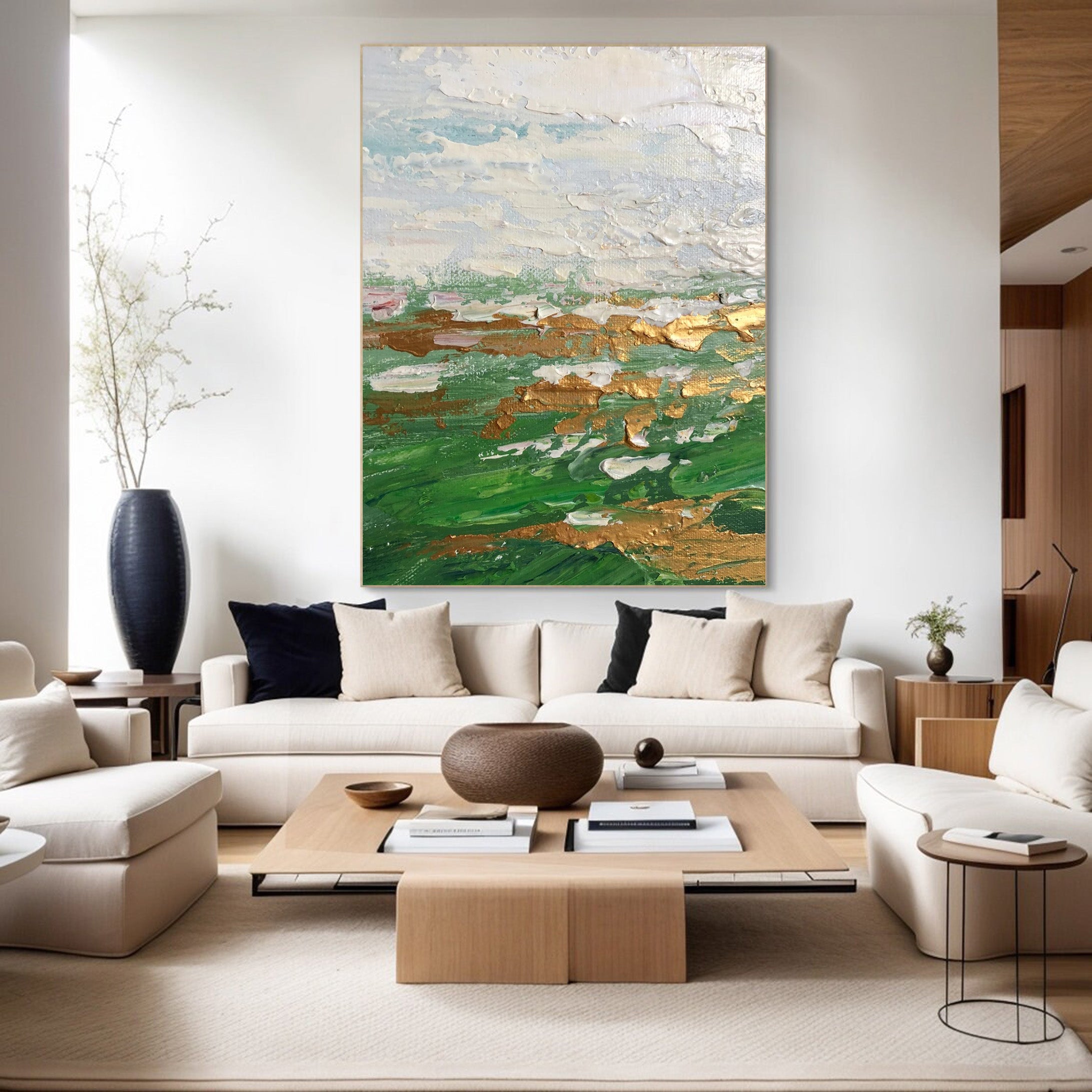 Green Gold and White Abstract Painting | Large Textured Landscape Art #JJ 069