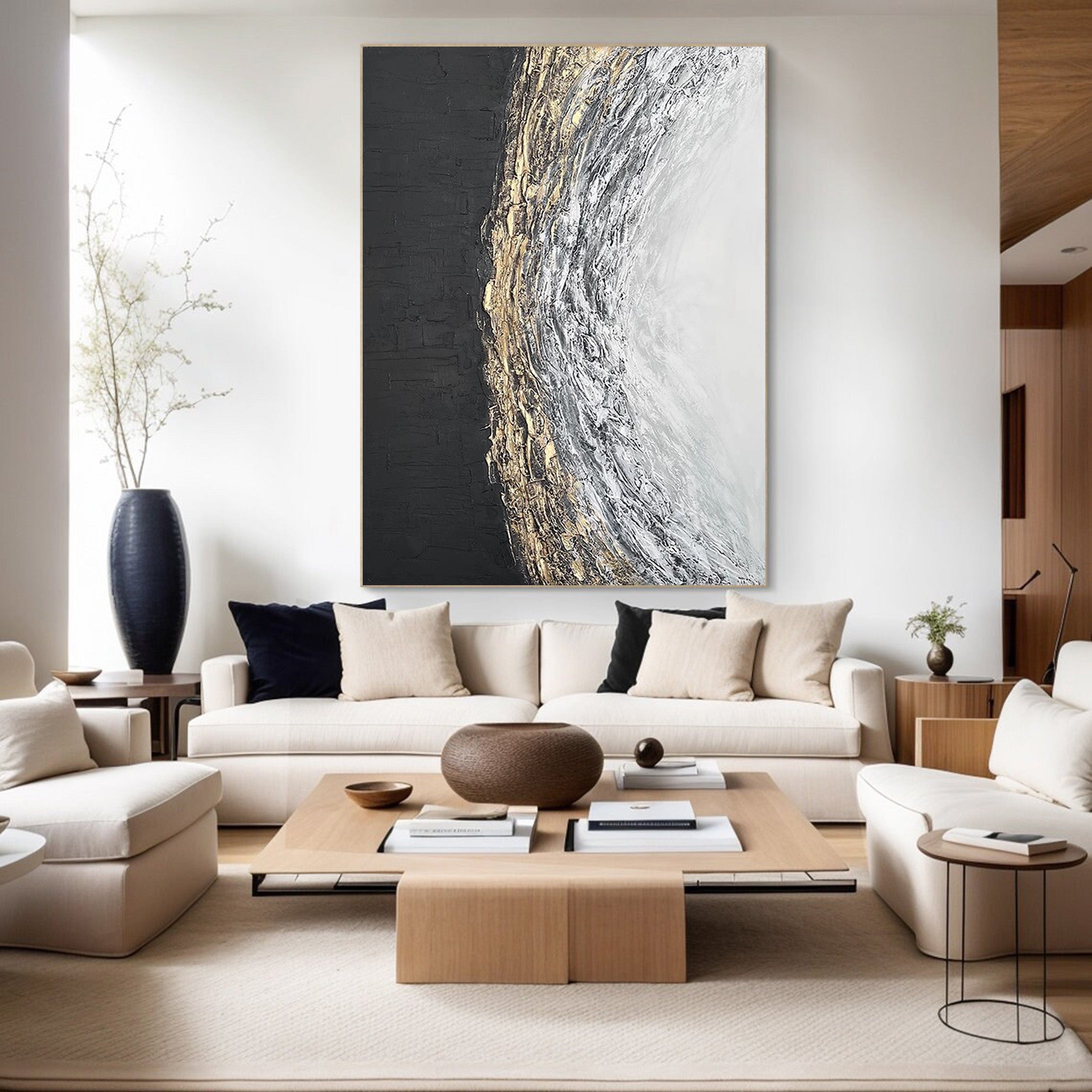 Black White Gold Textured Abstract Oil Painting - Modern Art #JJ 063