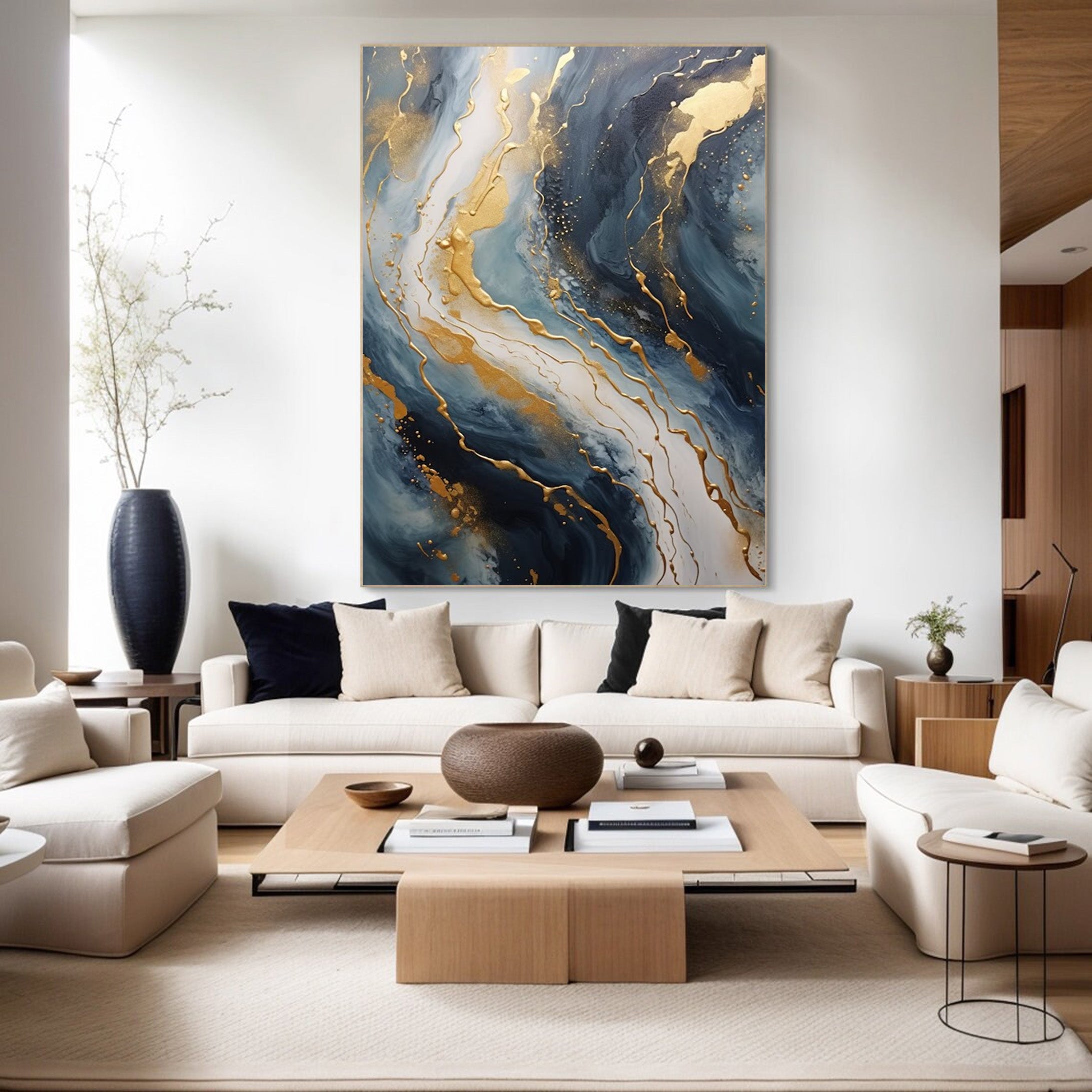 Abstract Gold and Blue Wall Art - Modern Canvas Painting #JJ 058