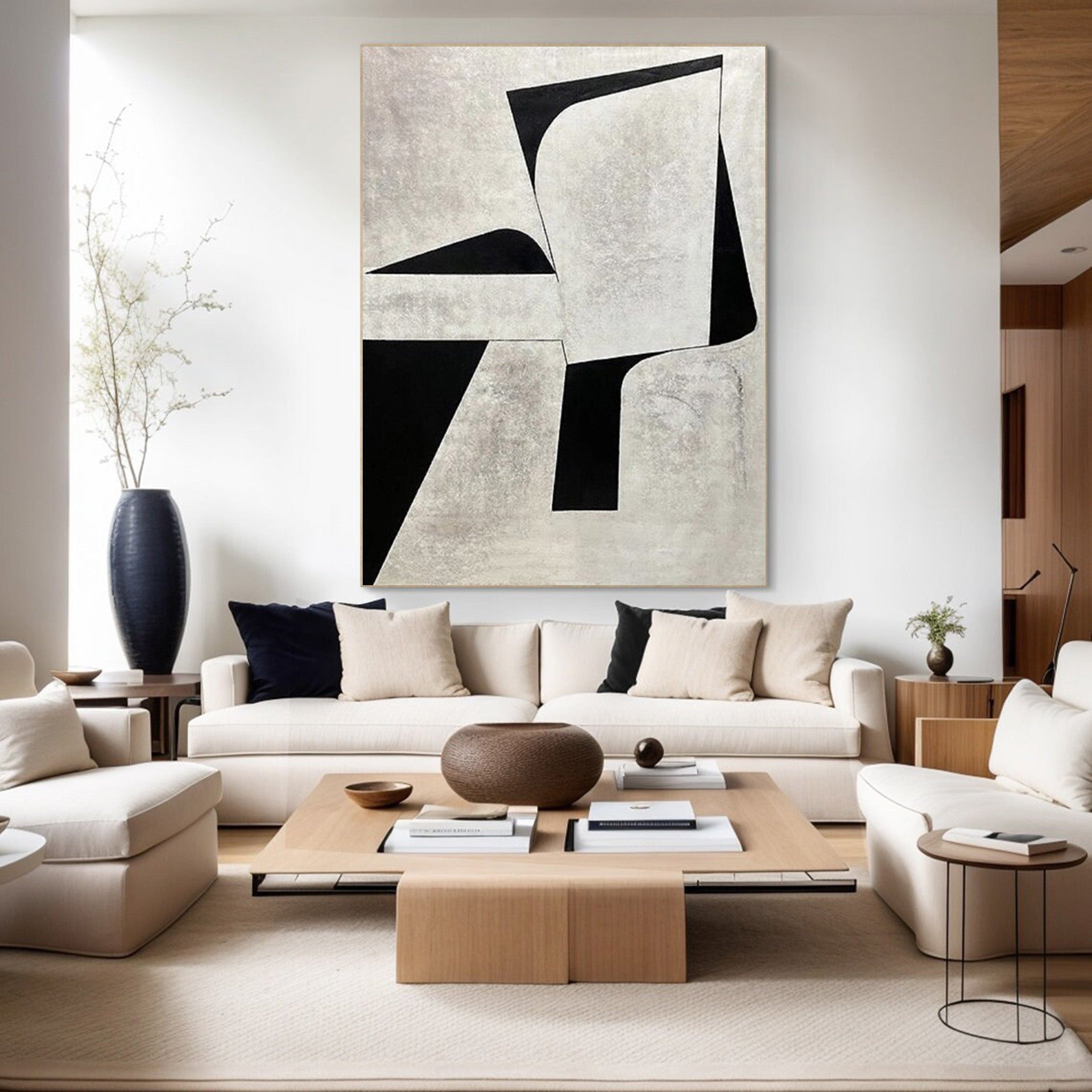 Minimalist Geometric Abstract Art - Black and White Block Oil Painting #JJ 060