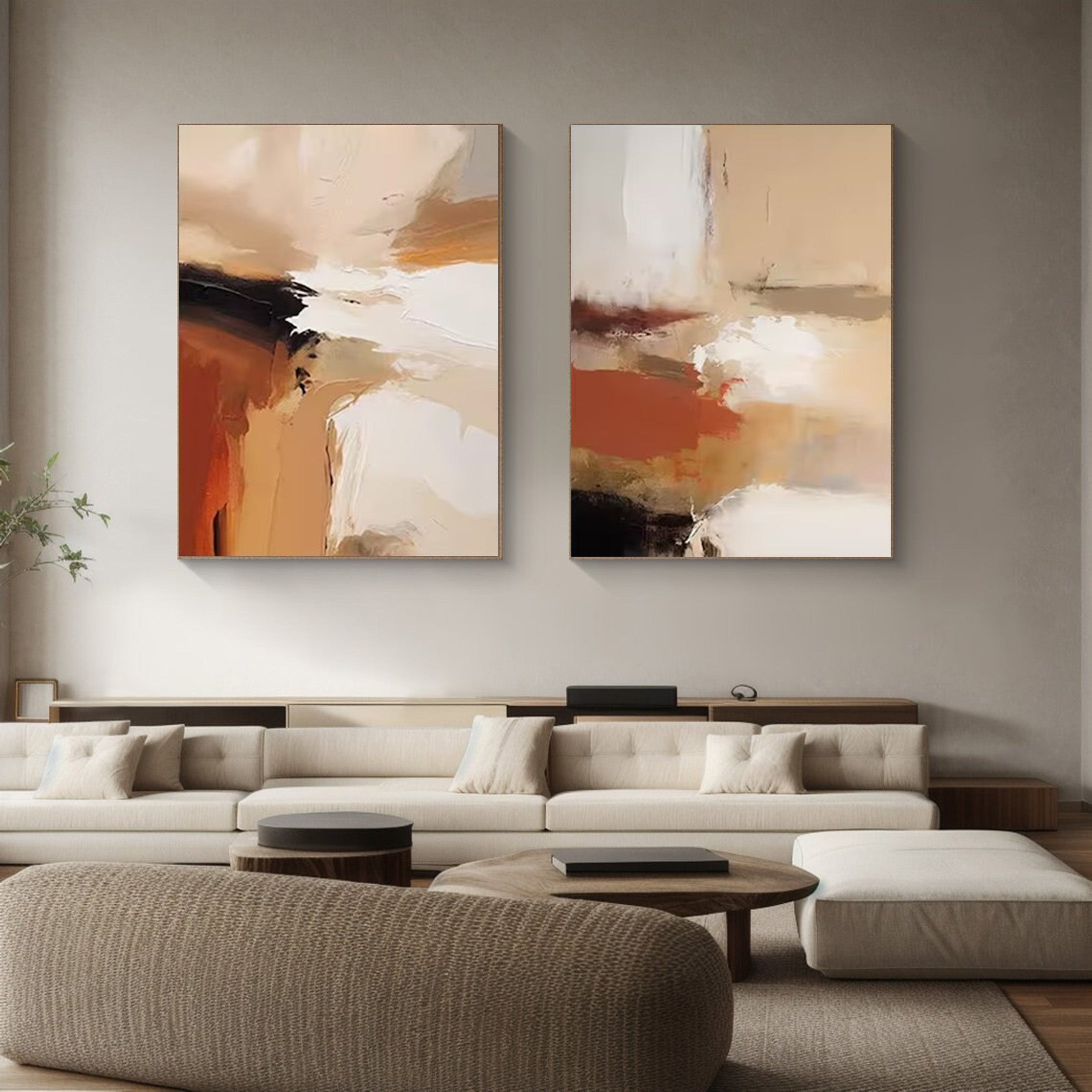 Warm Tone Abstract Paintings - Set of 2 | Modern Contemporary Art #JJ 070