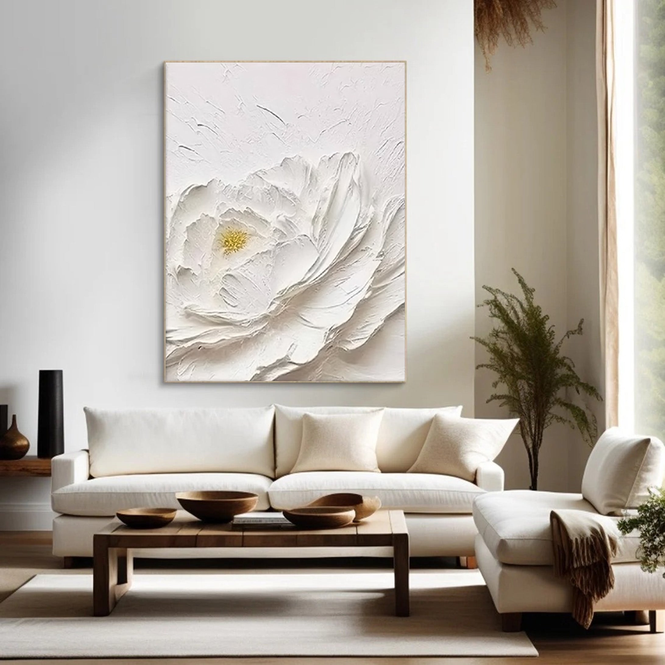 White Textured Floral Abstract Oil Painting - Modern Minimalist Art #JJ 061