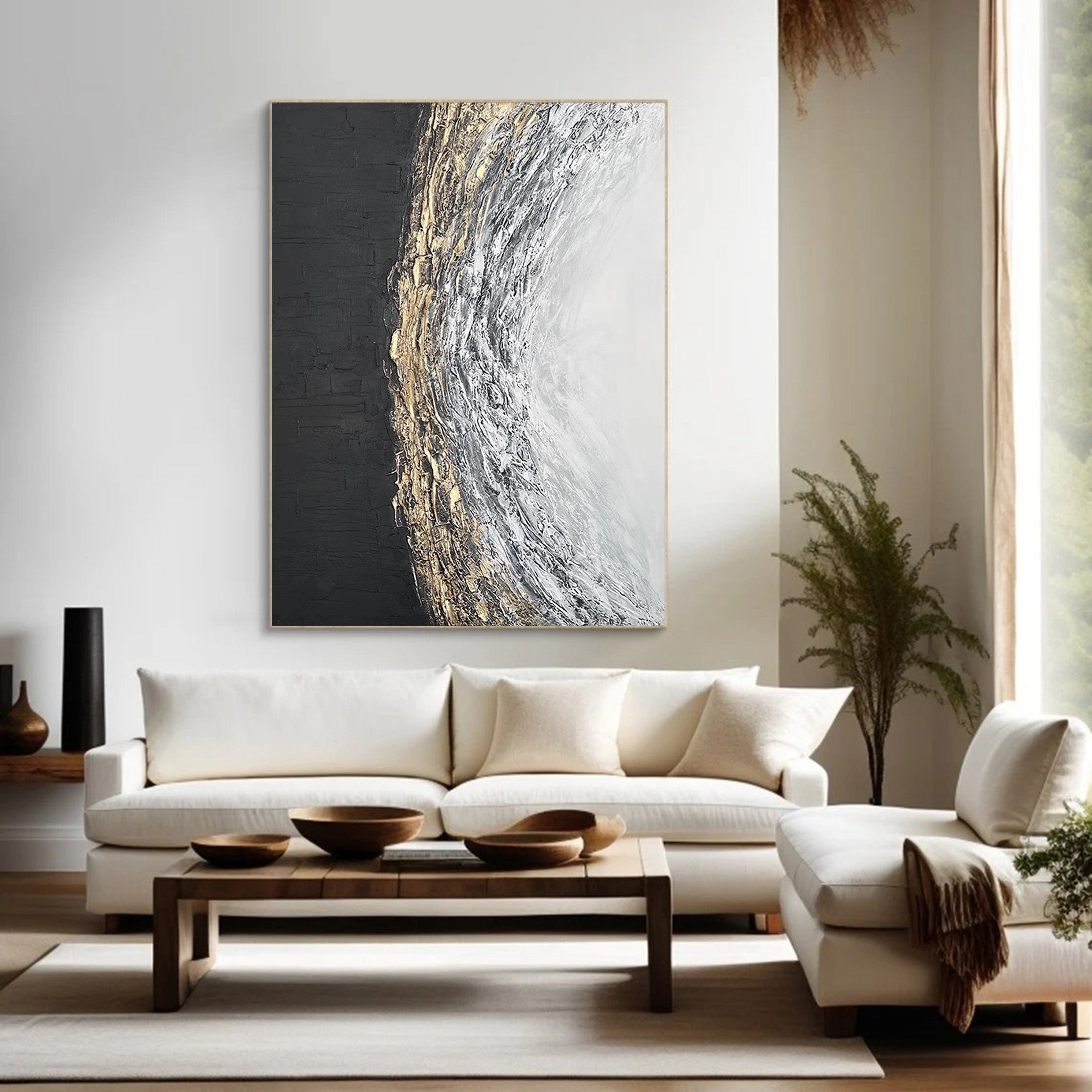 Black White Gold Textured Abstract Oil Painting - Modern Art #JJ 063