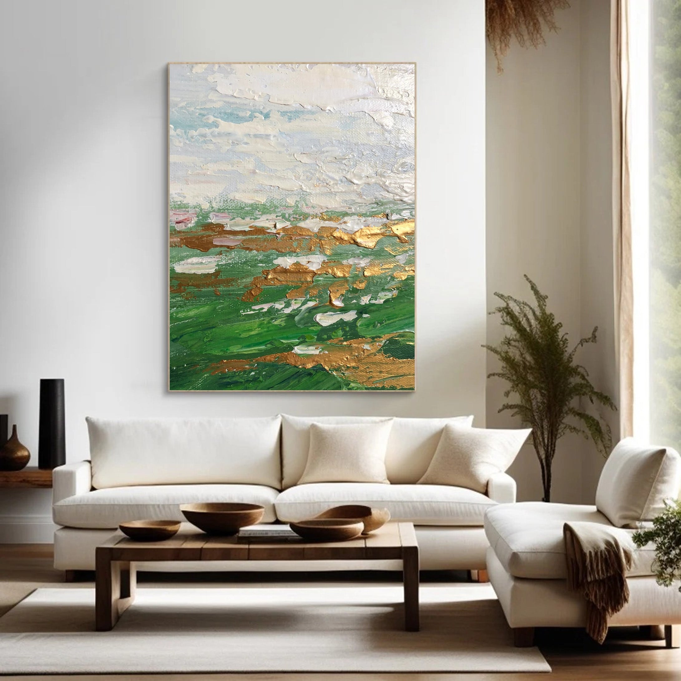 Green Gold and White Abstract Painting | Large Textured Landscape Art #JJ 069