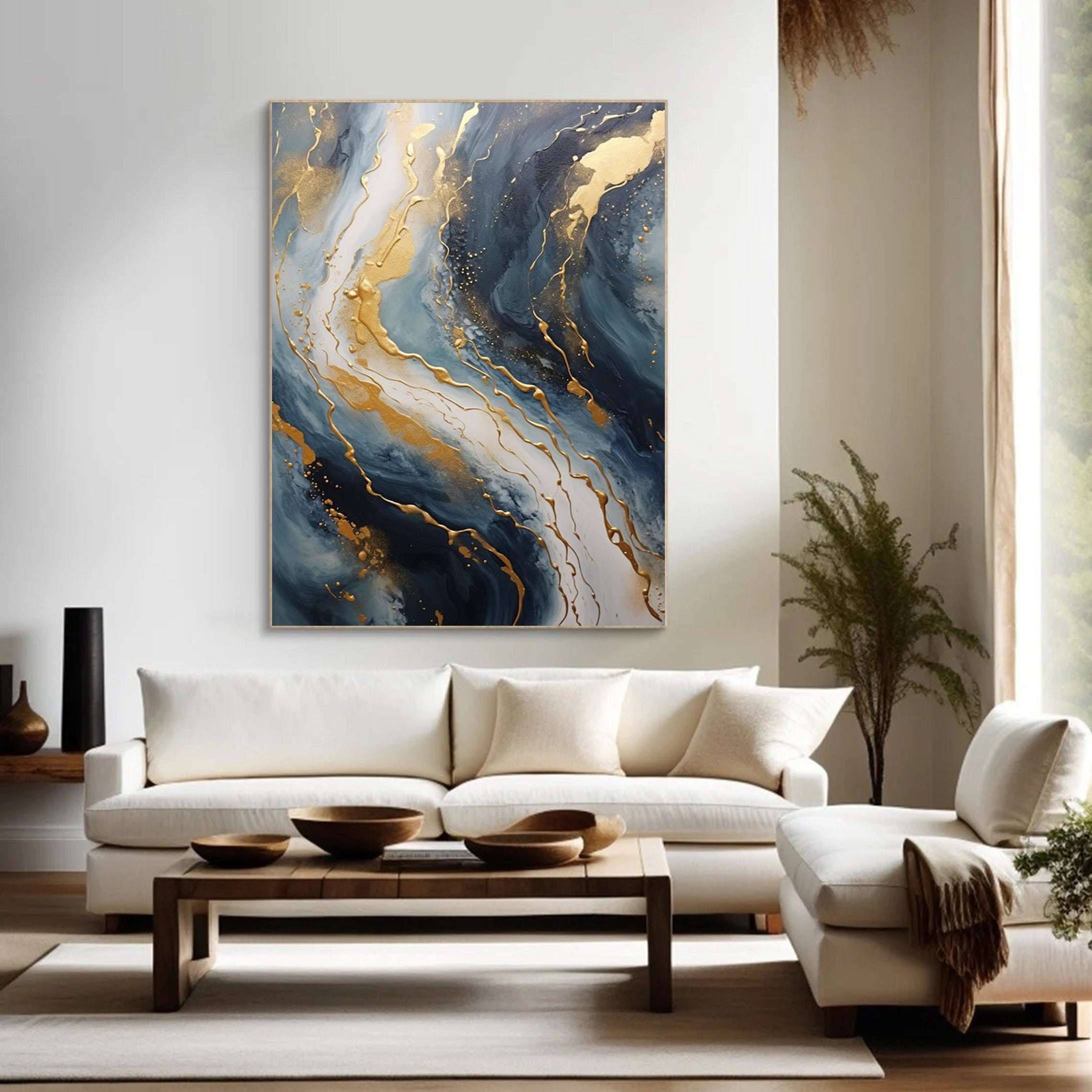 Abstract Gold and Blue Wall Art - Modern Canvas Painting #JJ 058