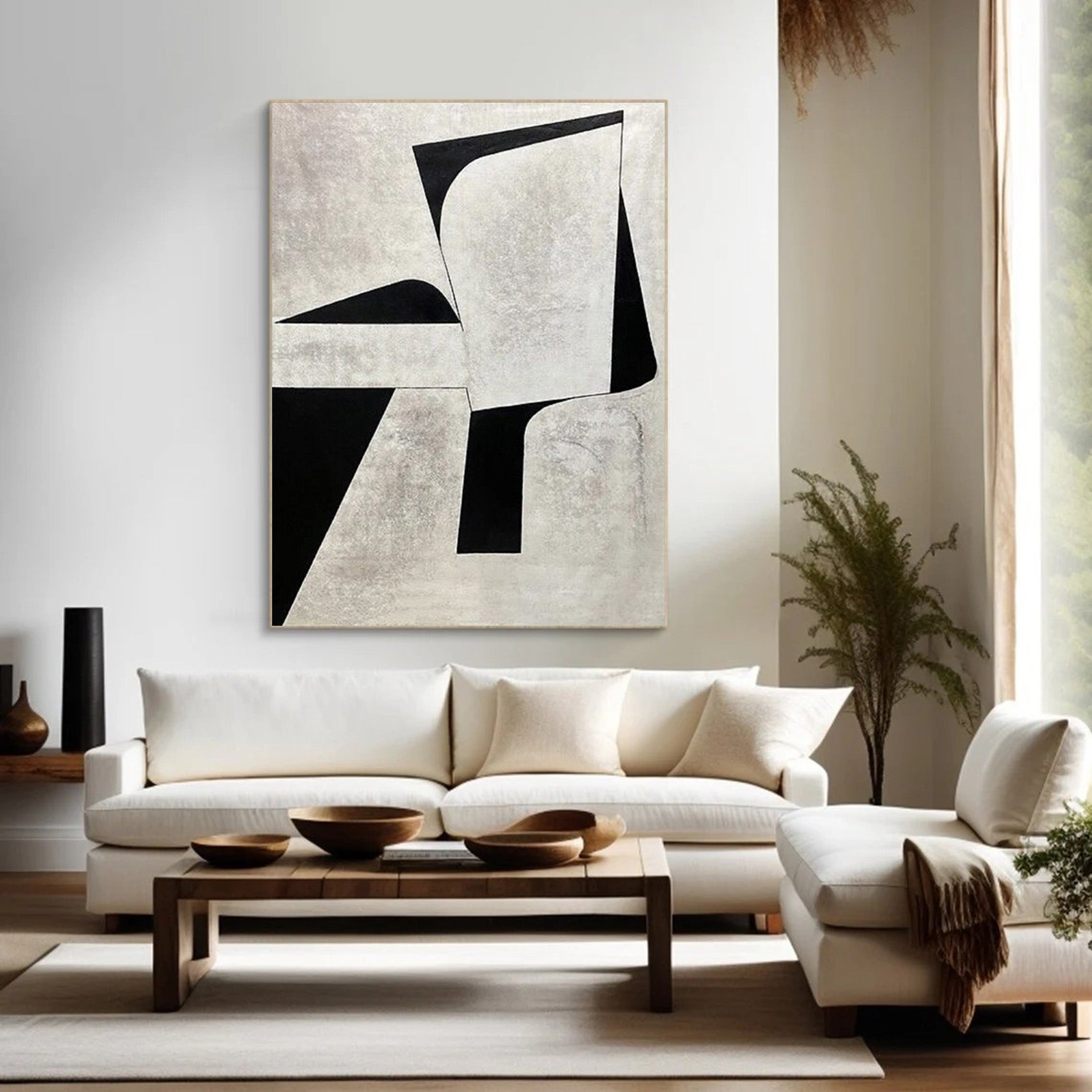 Minimalist Geometric Abstract Art - Black and White Block Oil Painting #JJ 060