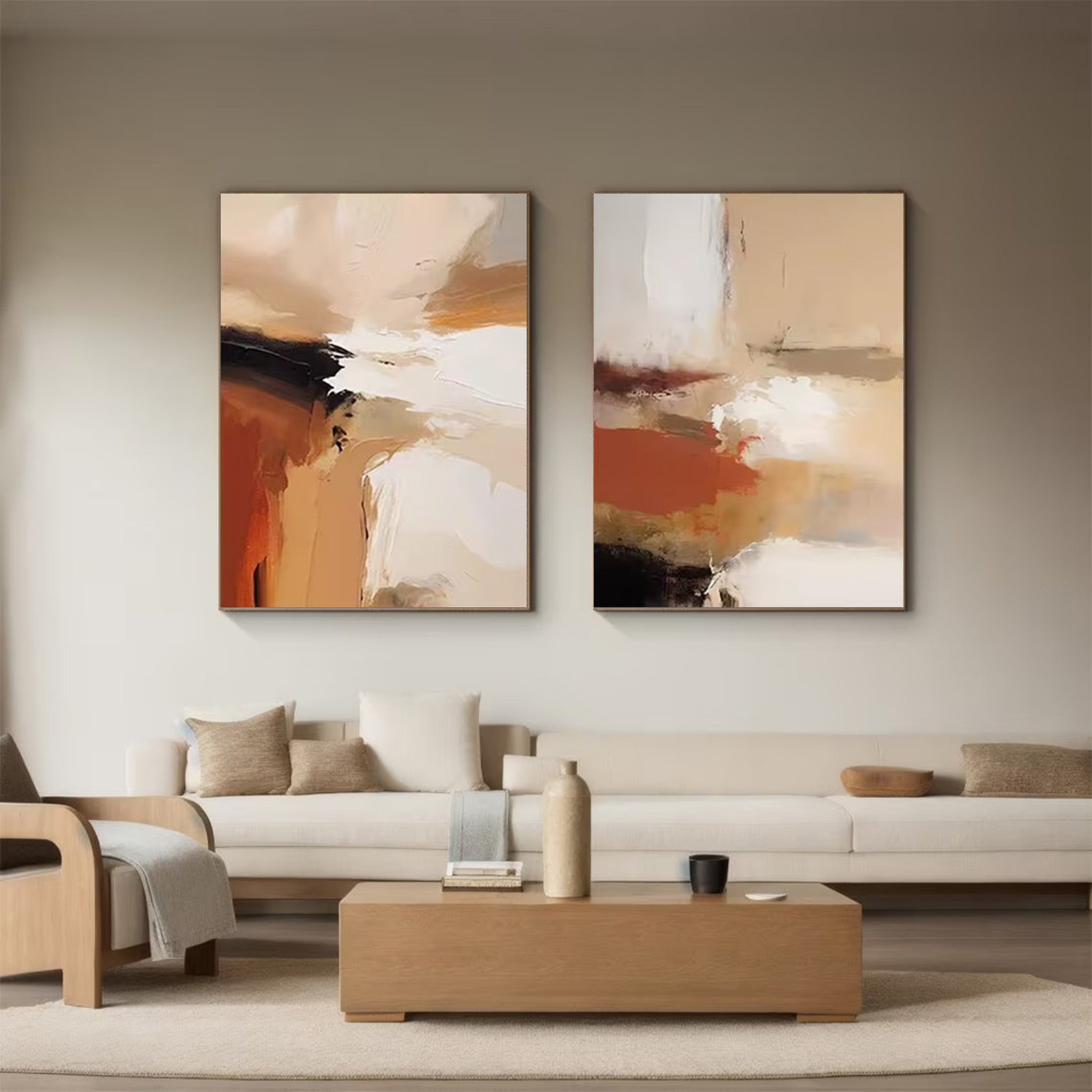 Warm Tone Abstract Paintings - Set of 2 | Modern Contemporary Art #JJ 070