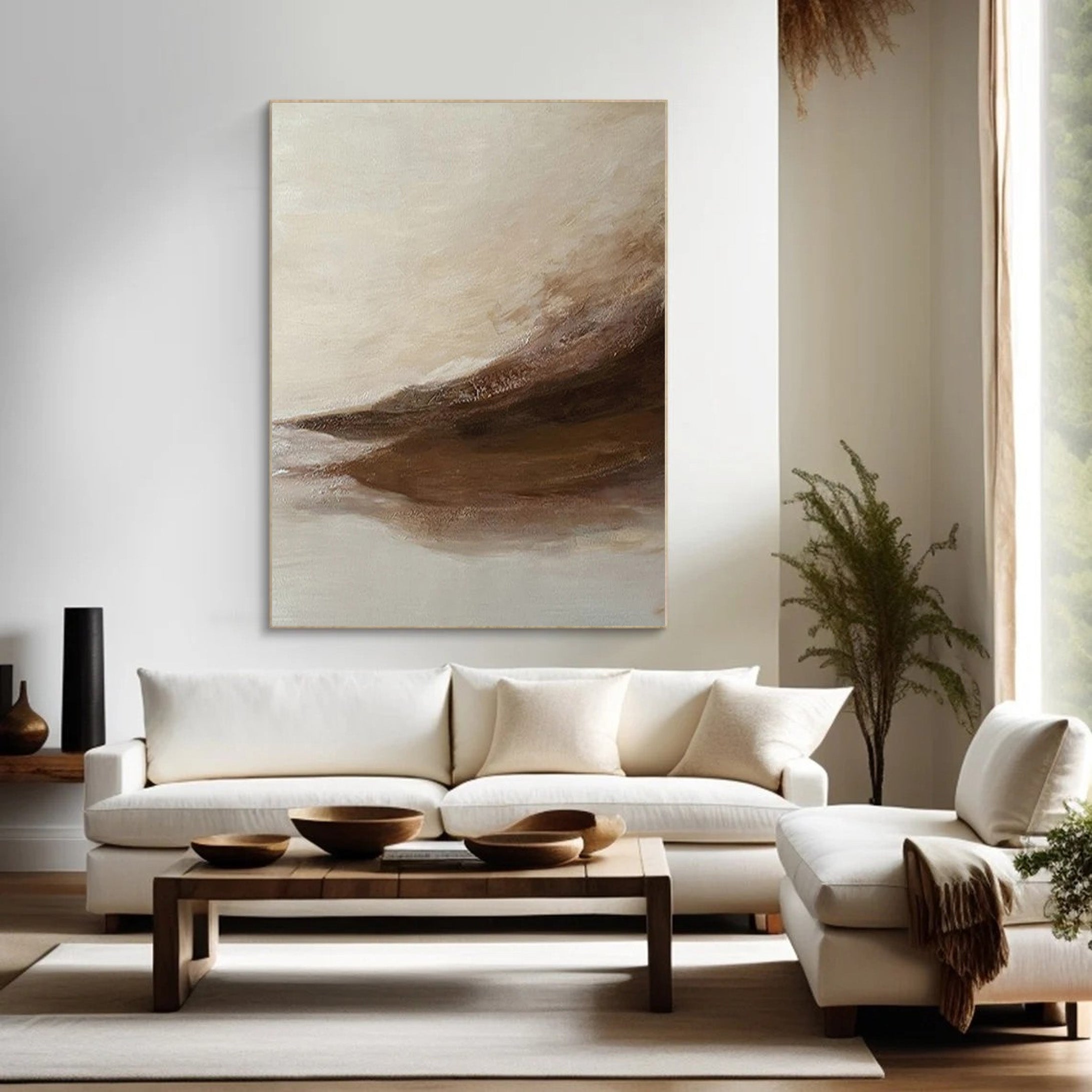 Abstract Landscape Painting | Neutral Beige & Brown Canvas Art #JJ 067