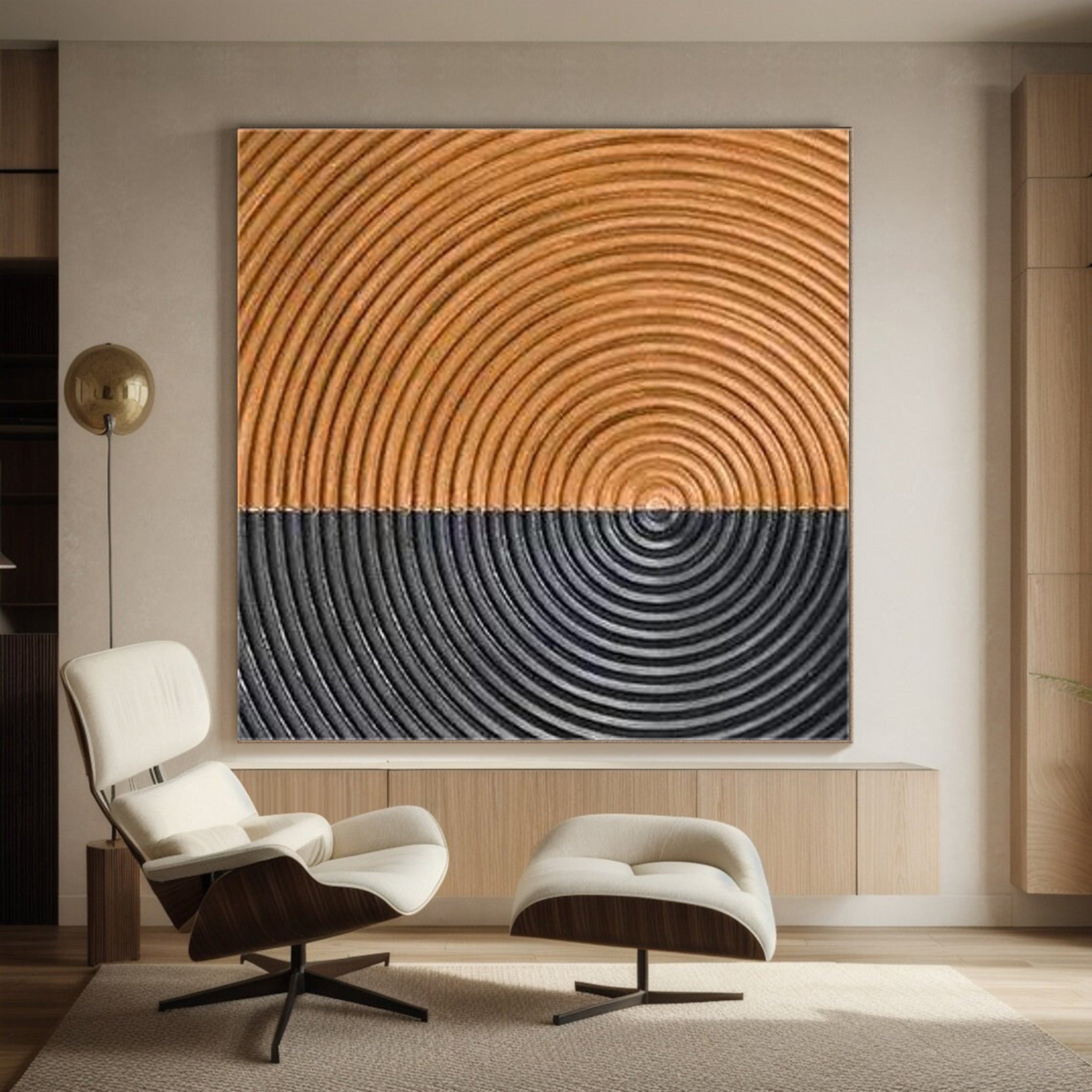 Geometric Abstract Painting | Copper & Black Textured Circular Art