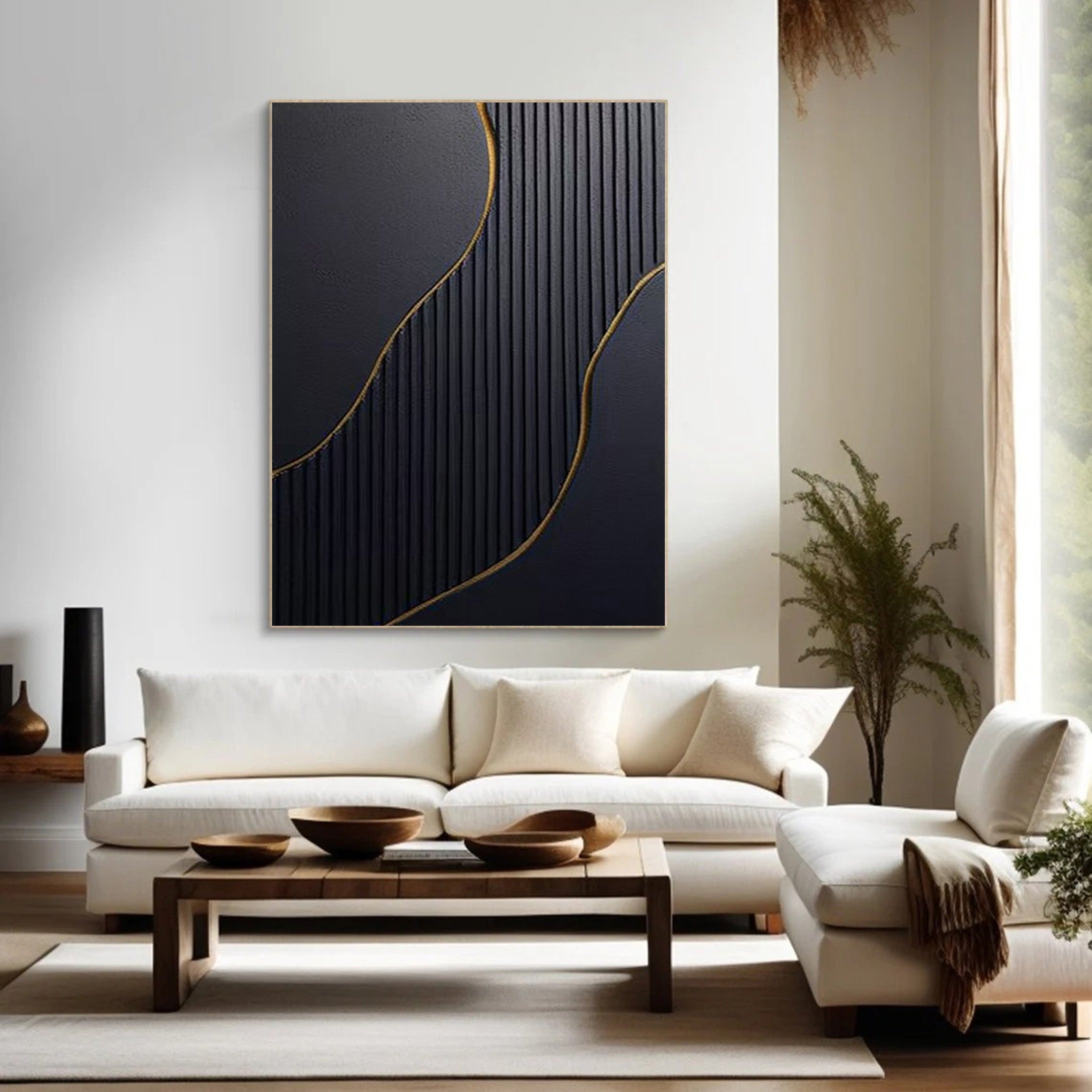 Textured Black and Gold Abstract Art | Modern Linear Canvas Painting #JJ 057