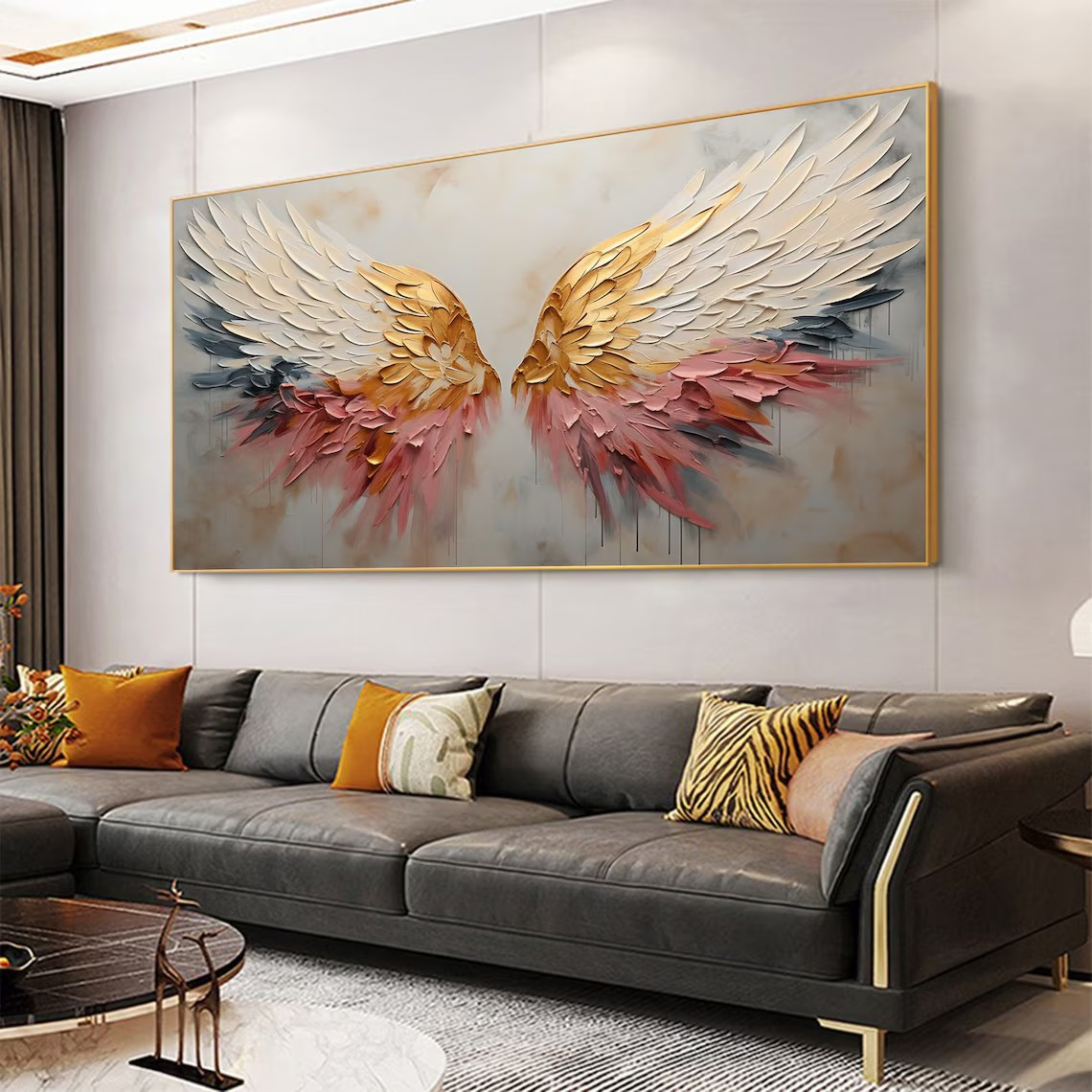 Textured Angel Wings Abstract Oil Painting - Gold & Peach Art #JJ 031