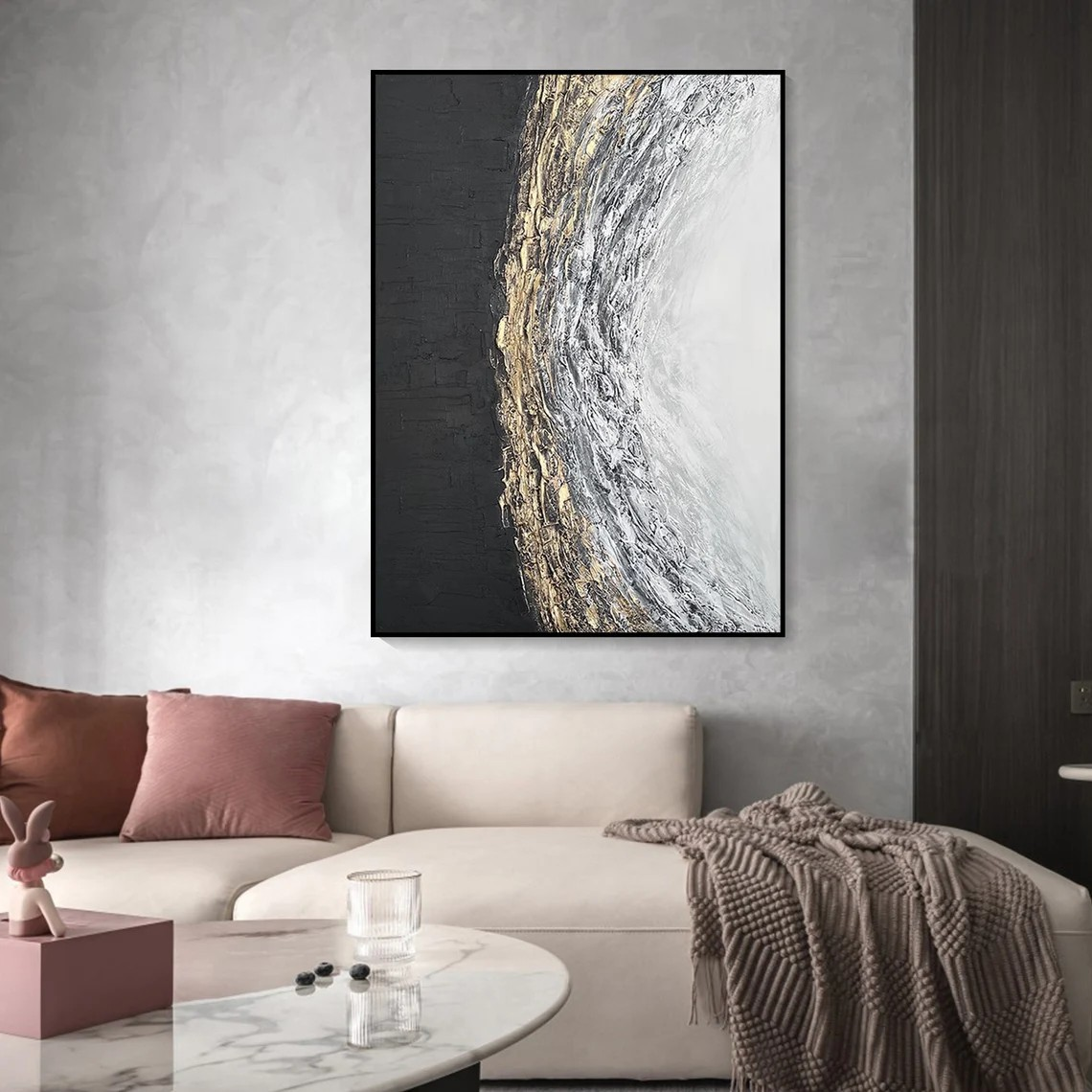 Large Abstract Black Gold Oil Painting Handmade Wall Decor