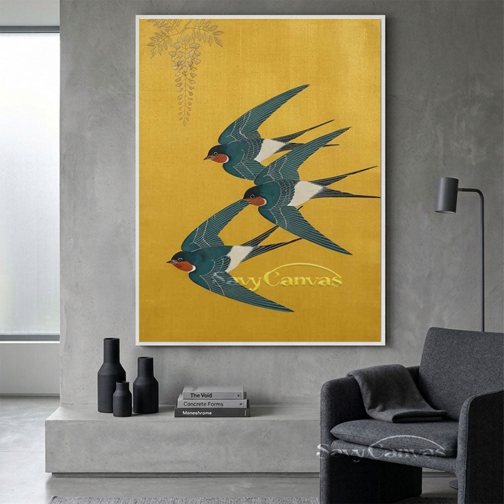 Hand-painted Japanese vintage style oil painting featuring three flying swallows on a bright golden yellow background, styled in a modern beachfront living room.