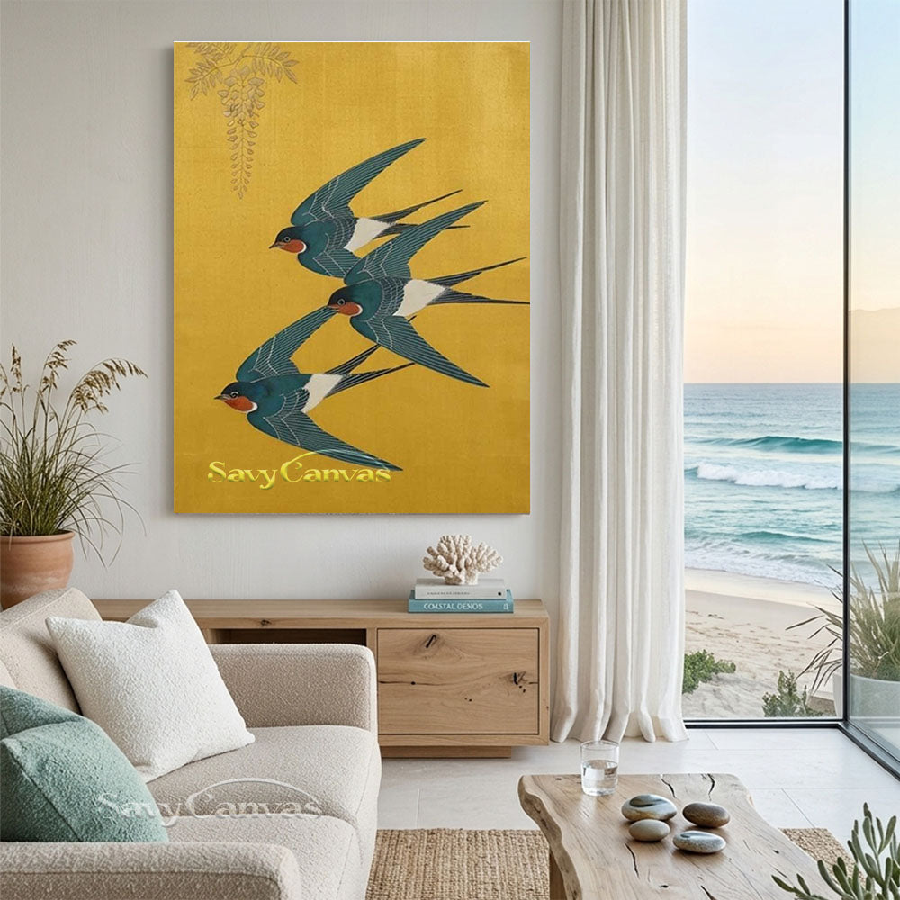 Japanese Vintage Swallow Oil Painting Yellow Canvas Art #AA 544