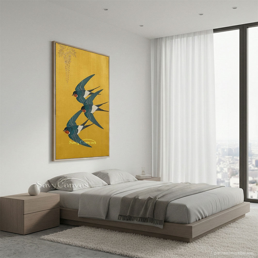 Japanese Vintage Swallow Oil Painting Yellow Canvas Art #AA 544