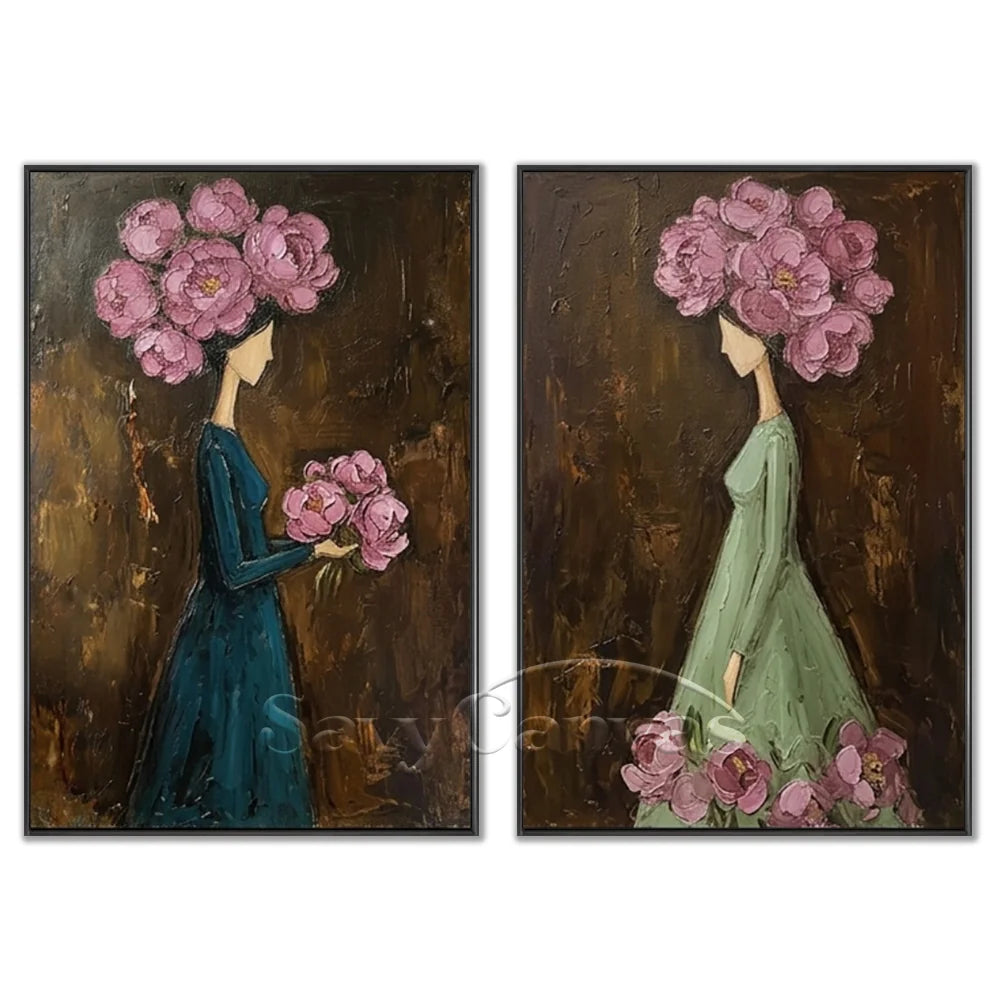 100% hand-painted surrealist oil painting set of 2 featuring elegant women profiles with pink peony flower heads and bouquets against a dark textured background.