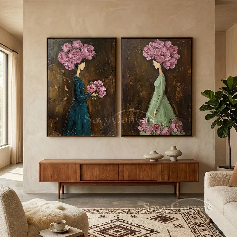 Textured Surrealist Floral Women Handmade Oil Painting Set of 2 #SS 302