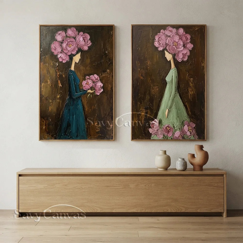 Textured Surrealist Floral Women Handmade Wall Art Set of 2 #SS 302