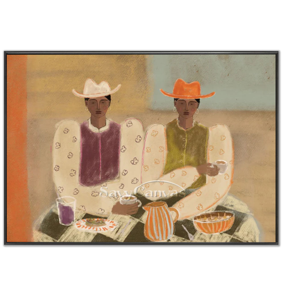 Textured handmade oil painting featuring two abstract women wearing cowboy hats sitting at a checkered table with coffee cups, styled in terracotta orange and earthy green tones.