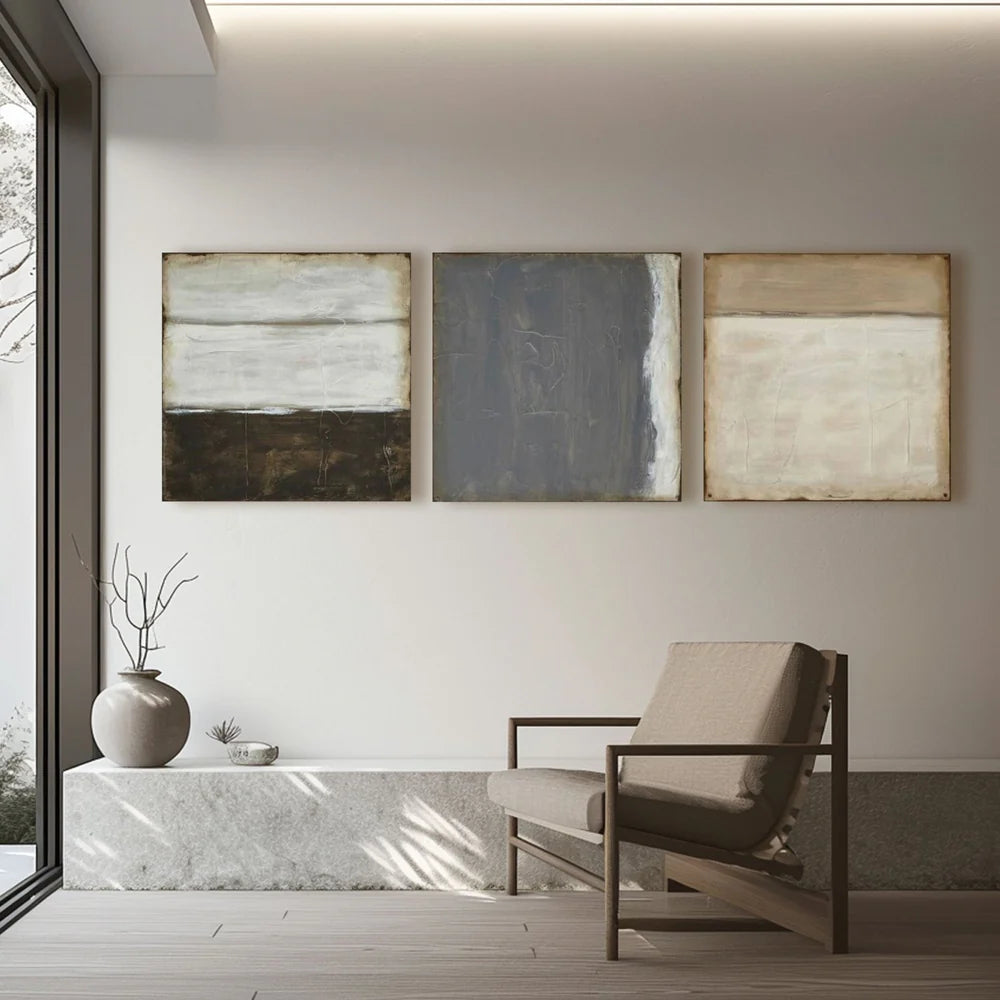 Abstract Triptych Oil Painting Set for Living Room Decor | Neutral Tones #ZZ 002