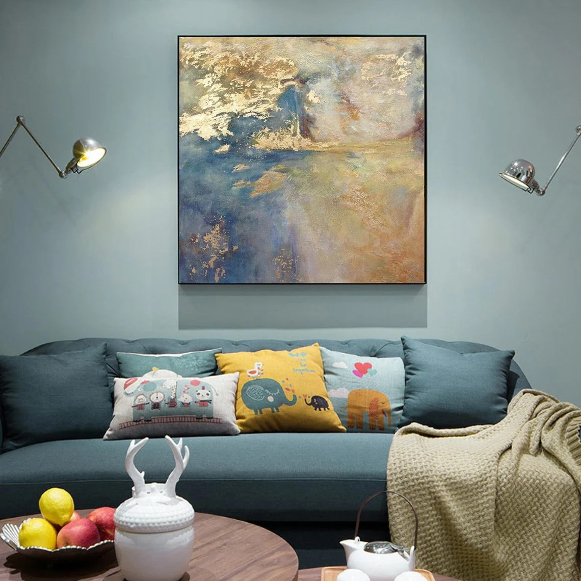 Modern Canvas Wall Art - Textured Blue Gold Abstract Painting #TC 050
