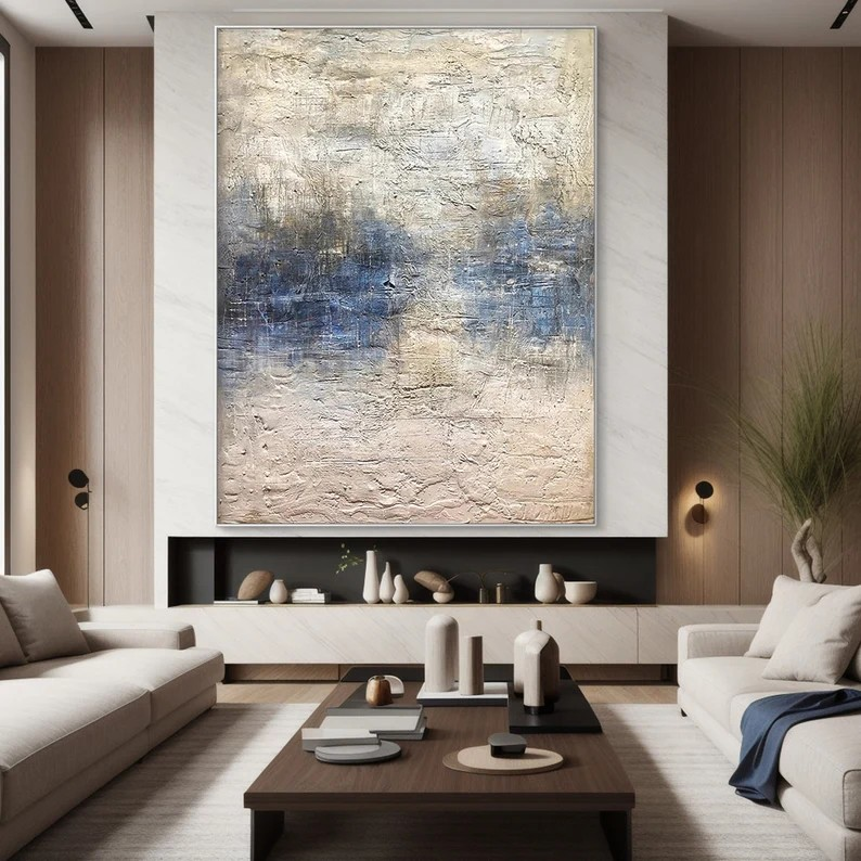 Handmade Abstract Ocean Art | Textured Blue, White & Beige Art #TC 066
