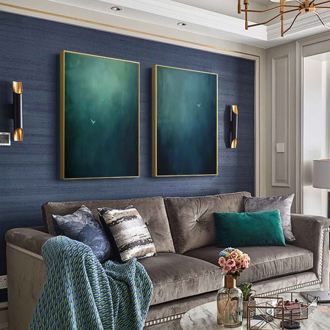 Large Abstract Oil Painting Diptych Hand-Painted Blue Green Sky/Ocean Art | # TC 010