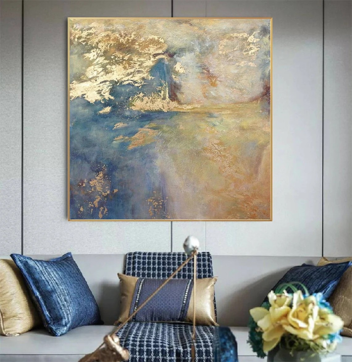 Modern Canvas Wall Art - Textured Blue Gold Abstract Painting #TC 050