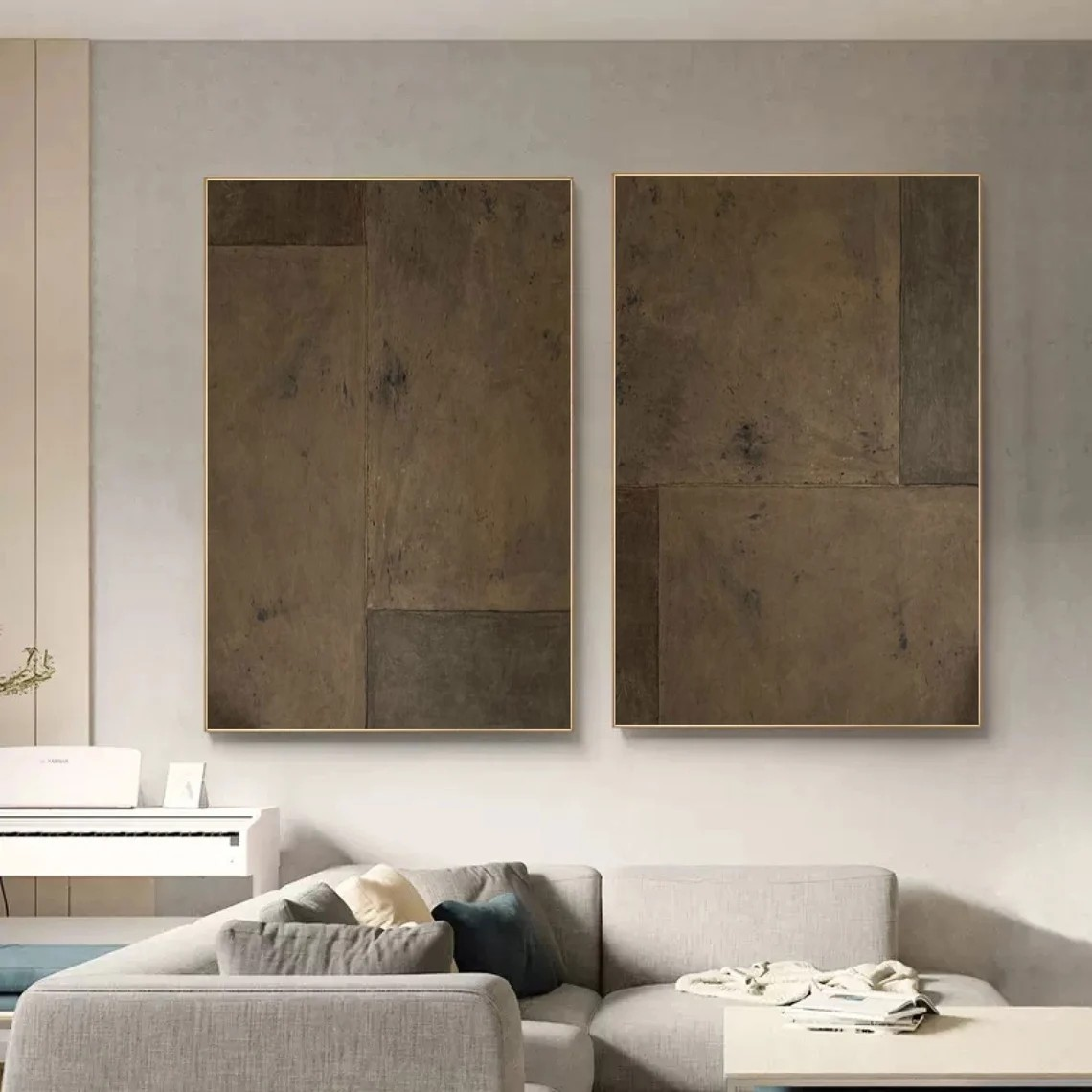 Brown Abstract Diptych Painting Set - Modern Textured Wall Art