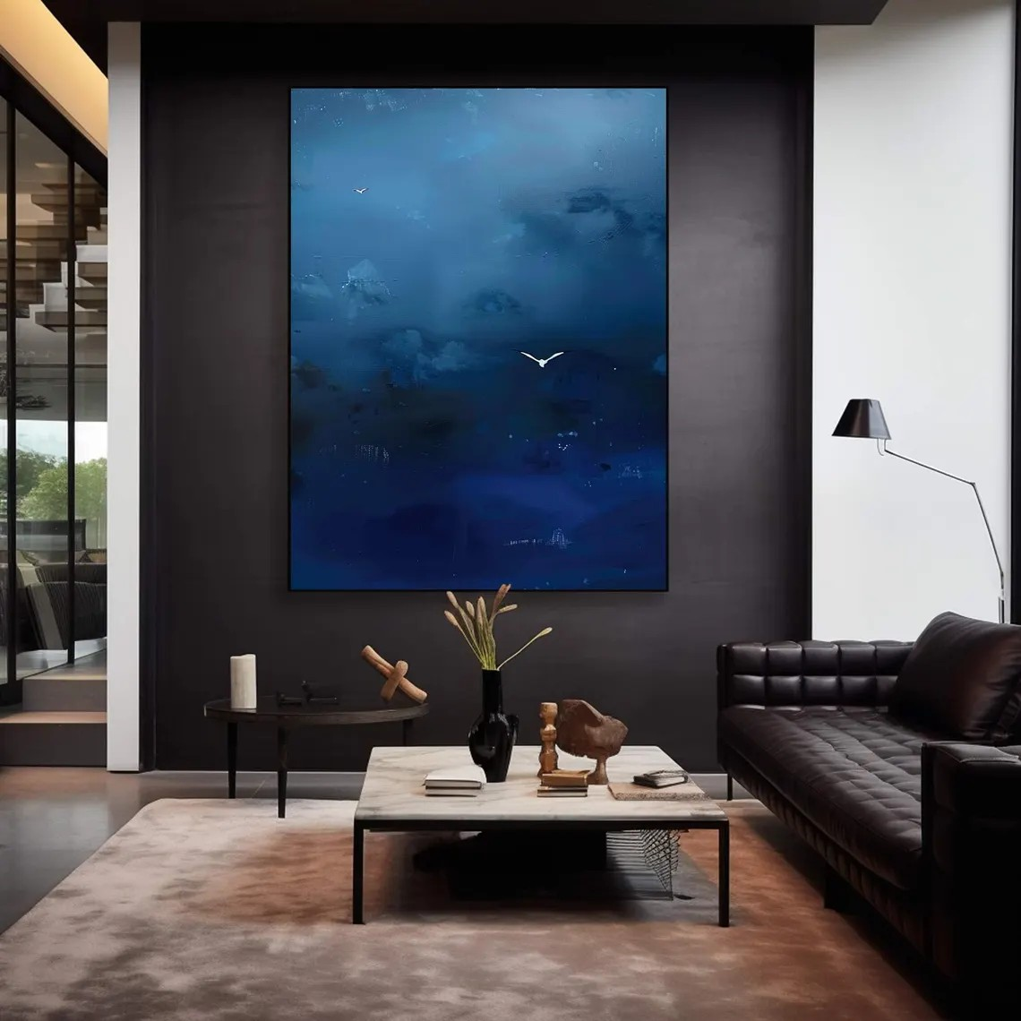 Handmade Blue Abstract Oil Painting with Birds Modern Decor