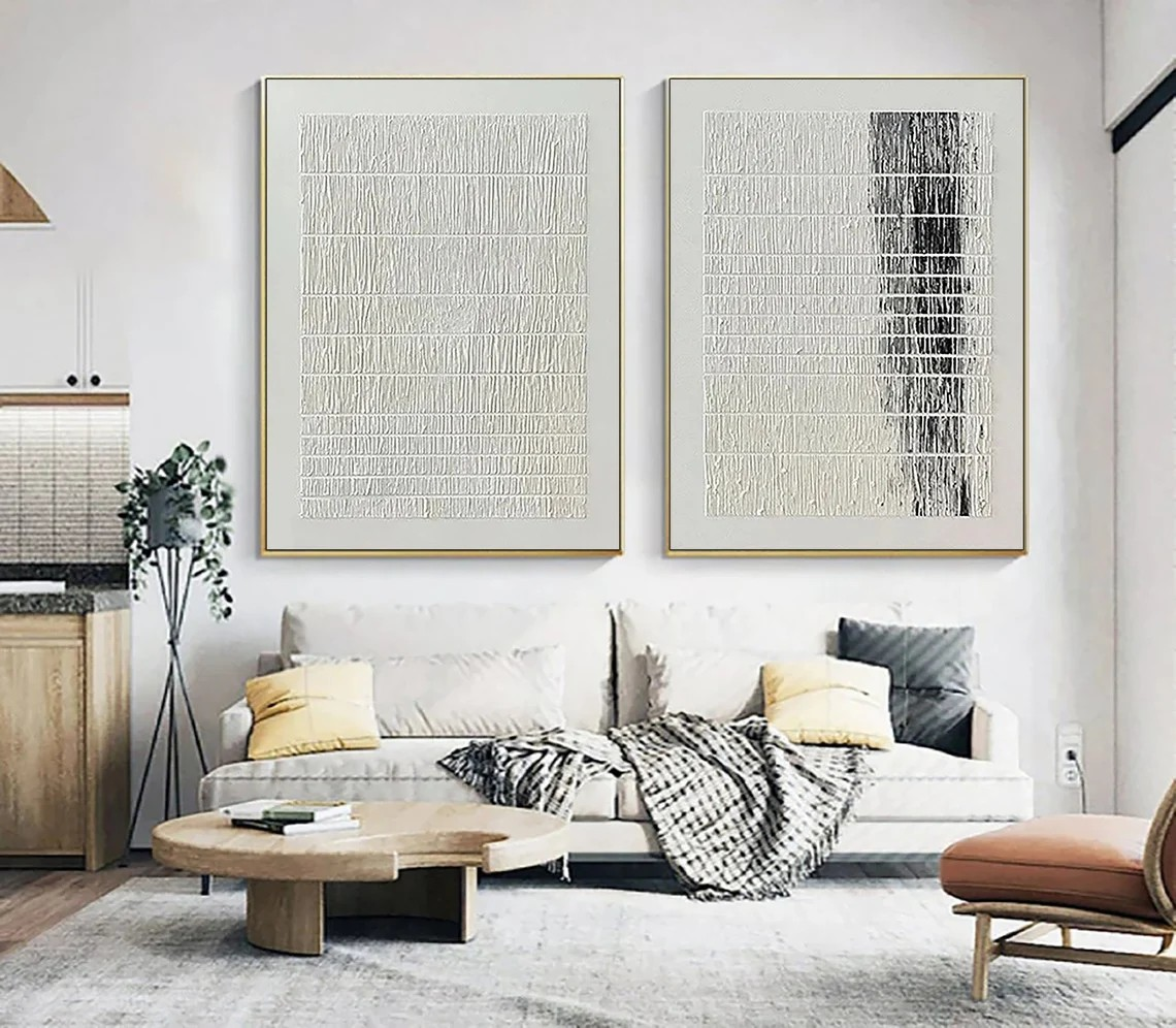 Minimalist Textured Line Abstract Diptych - Black & White Art #JJ 027