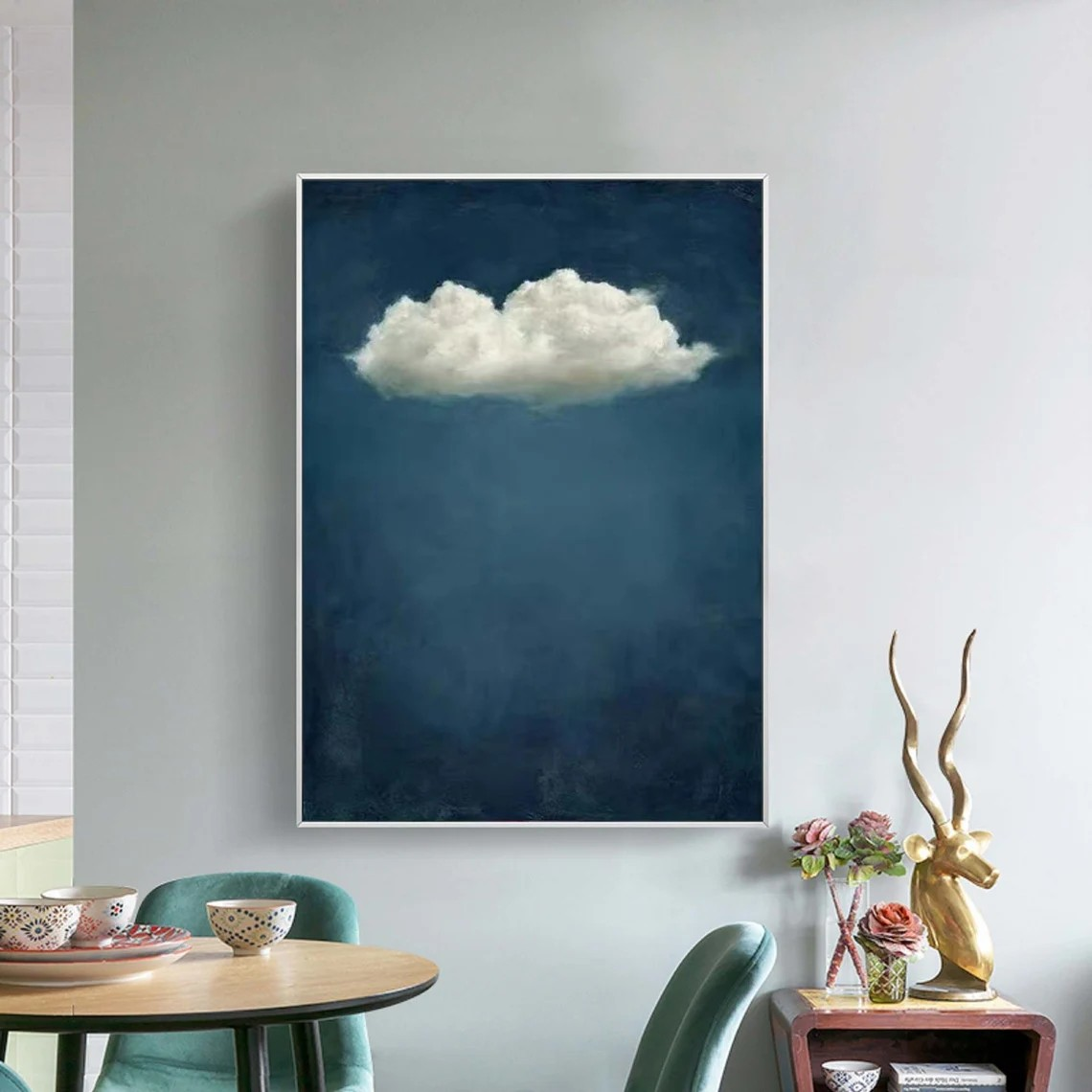Minimalist Cloud Painting | Handmade Vertical Blue Canvas Art #TC 042