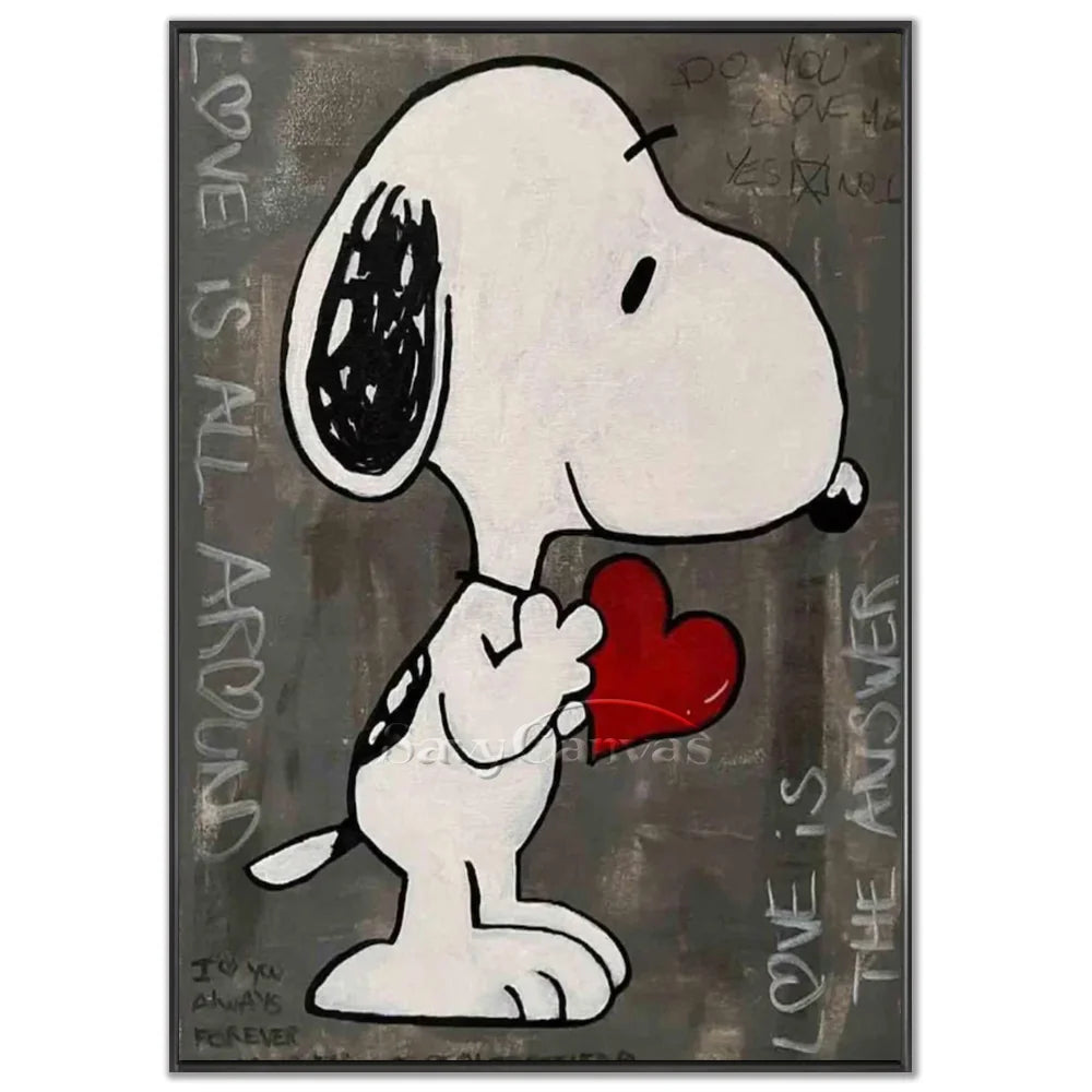 Hand-painted pop art beige-gray graffiti Snoopy oil painting on canvas by Savy Canvas, featuring the iconic Snoopy character holding a bold red heart against a chic neutral background. Modern street art wall decor, ready to hang.