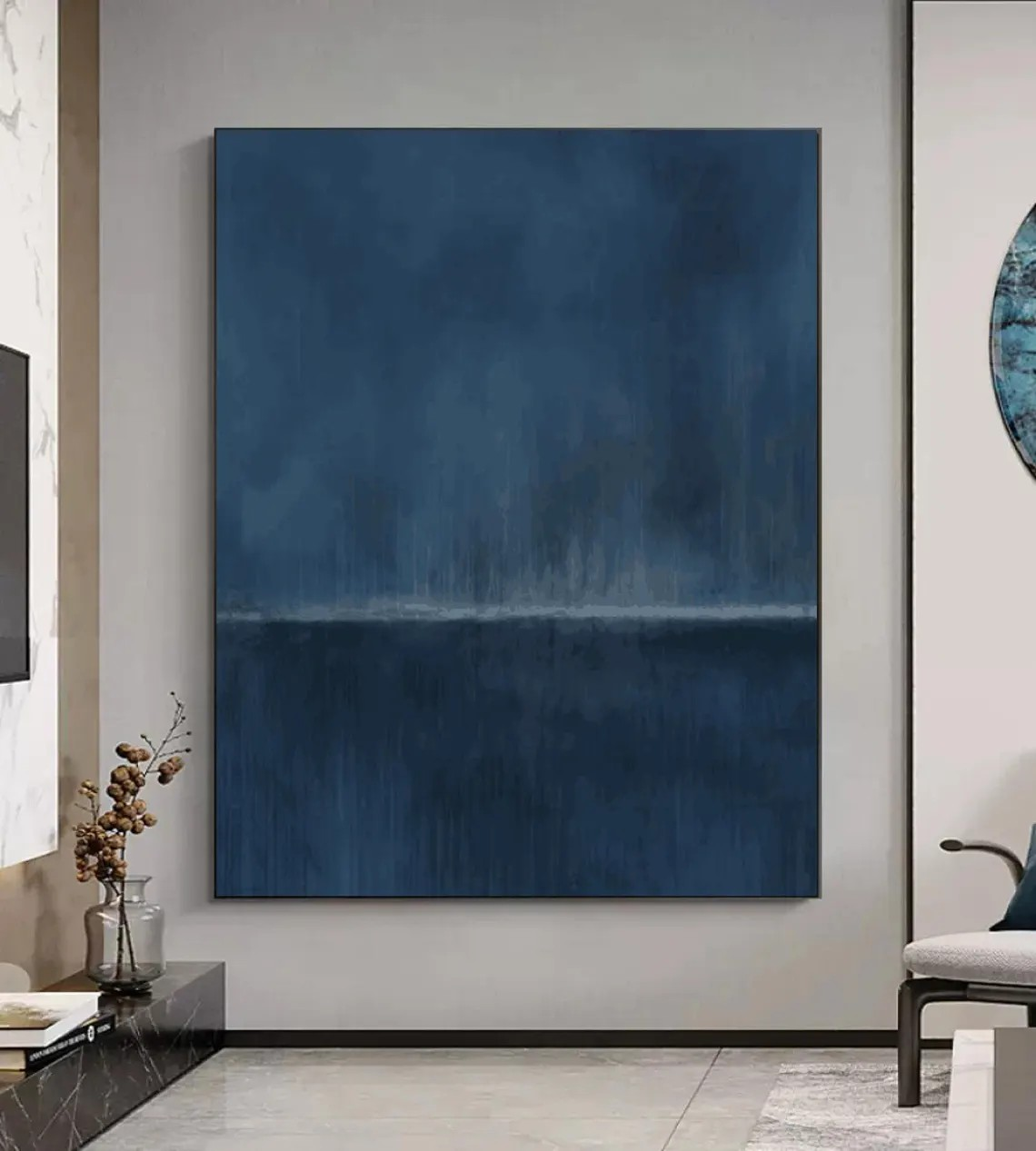 Large Abstract Oil Painting - Deep Blue Minimalist Modern Wall Art #TC 011